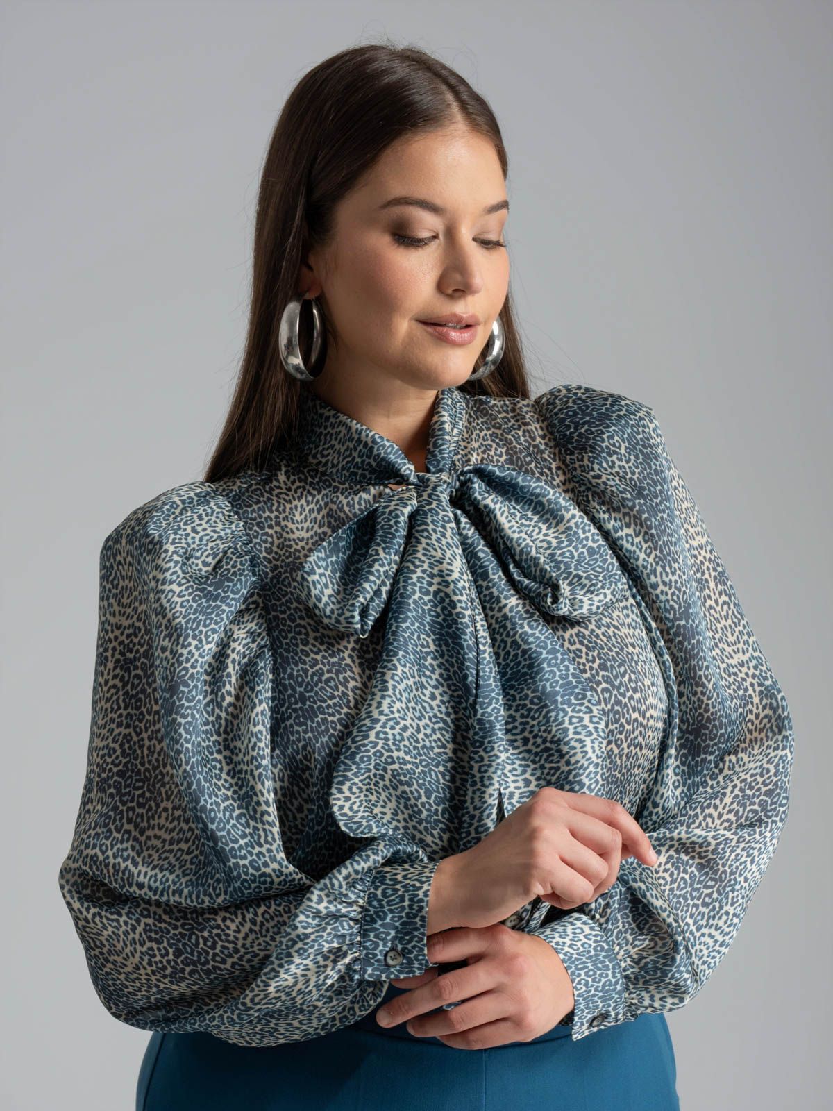 Animal print shirt with bow neckline