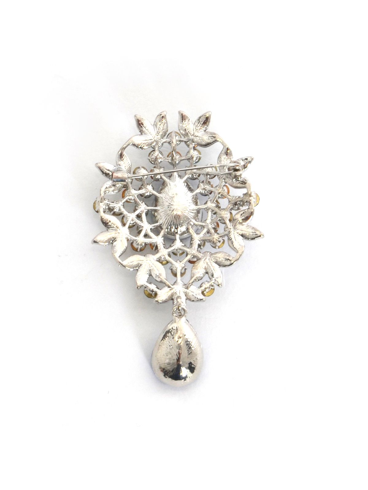 Baroque‑inspired floral brooch with teardrop pendant