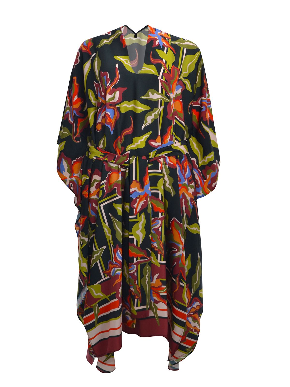 Belted kaftan dress in tropical print