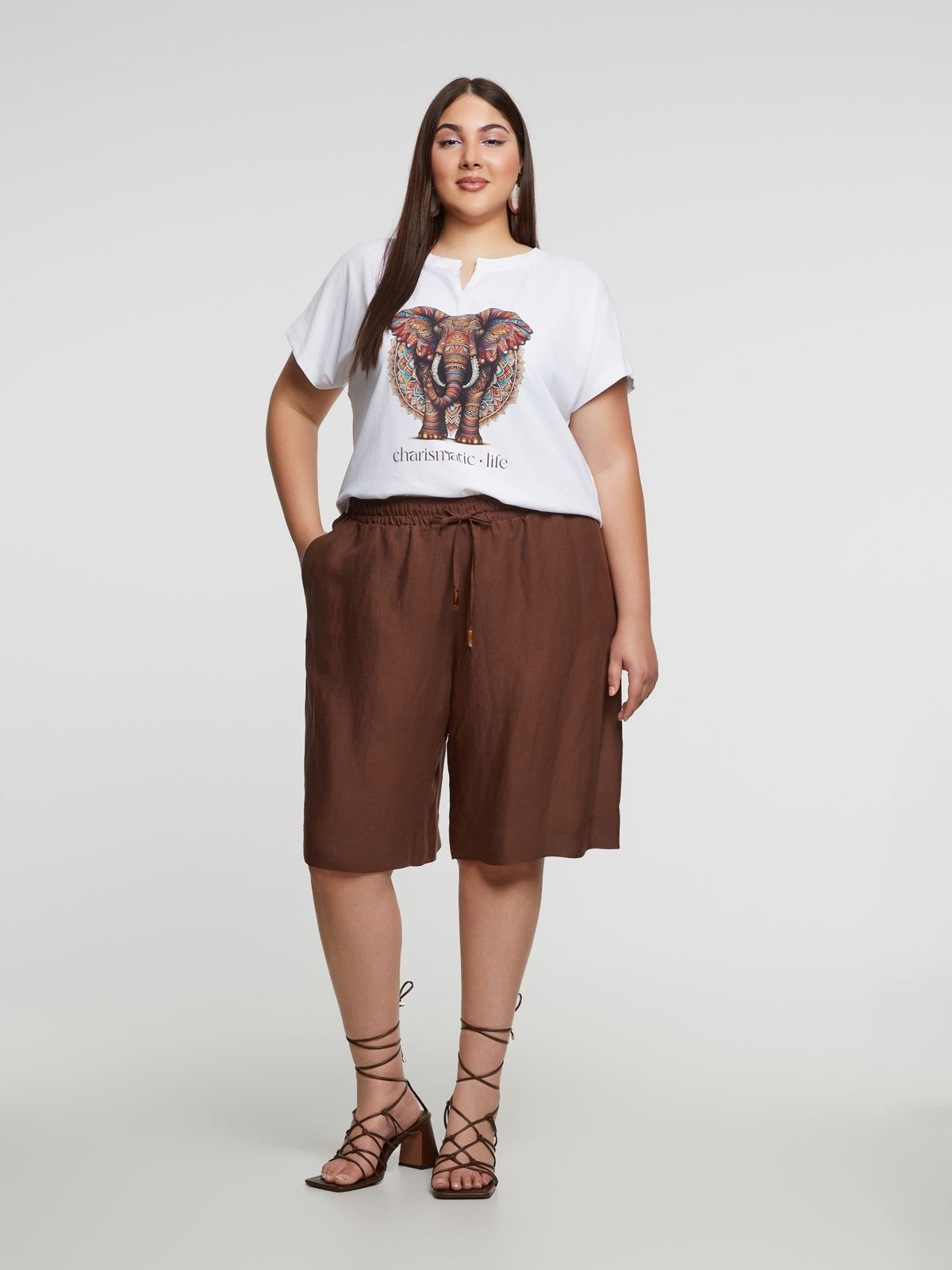 Viscose/linen bermuda shorts with elastic waistband