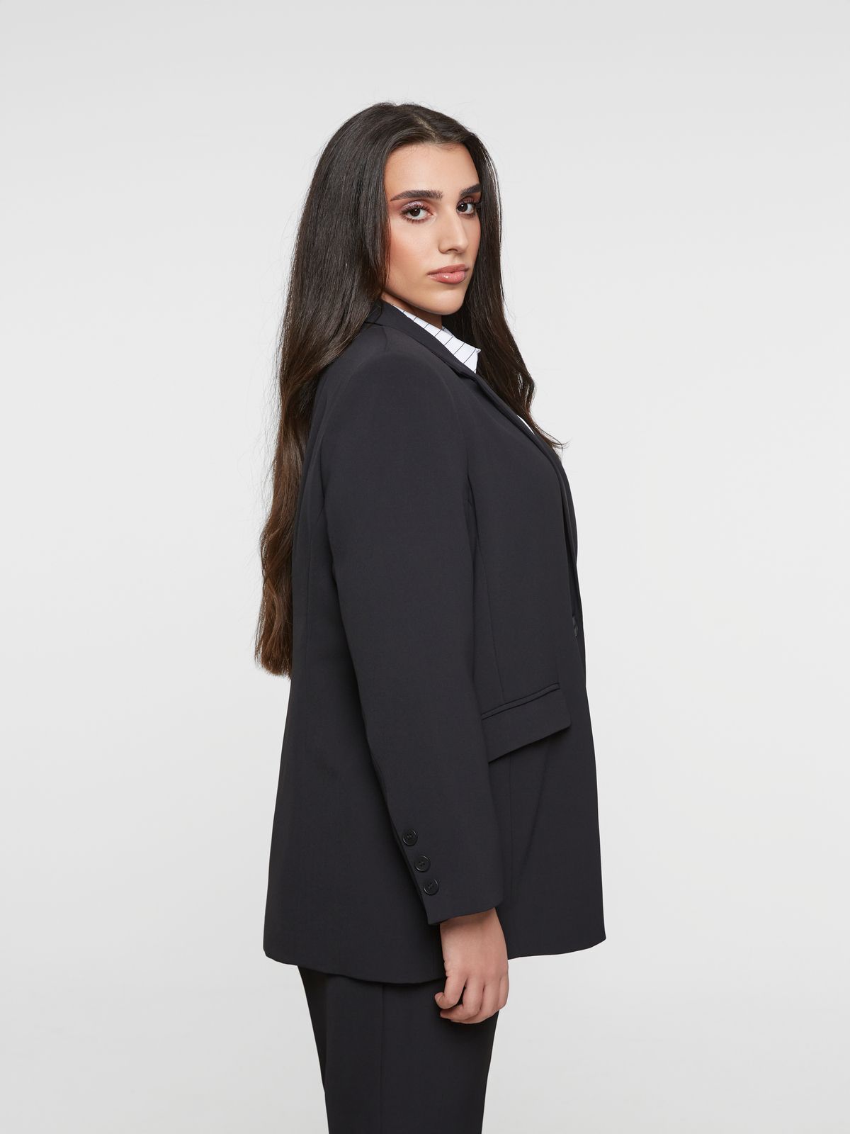 Black blazer with single button closure