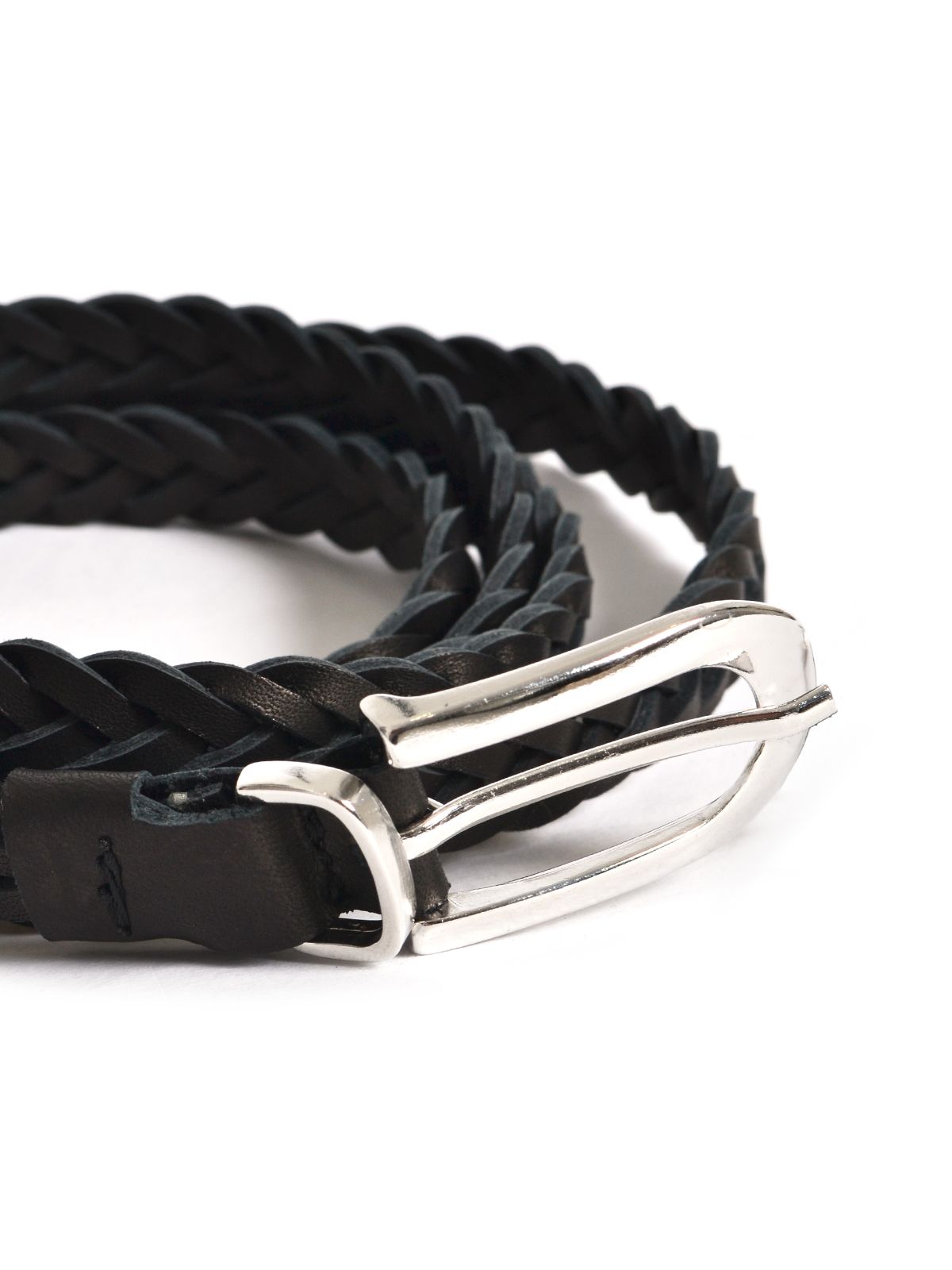 Braided leather belt with metal buckle