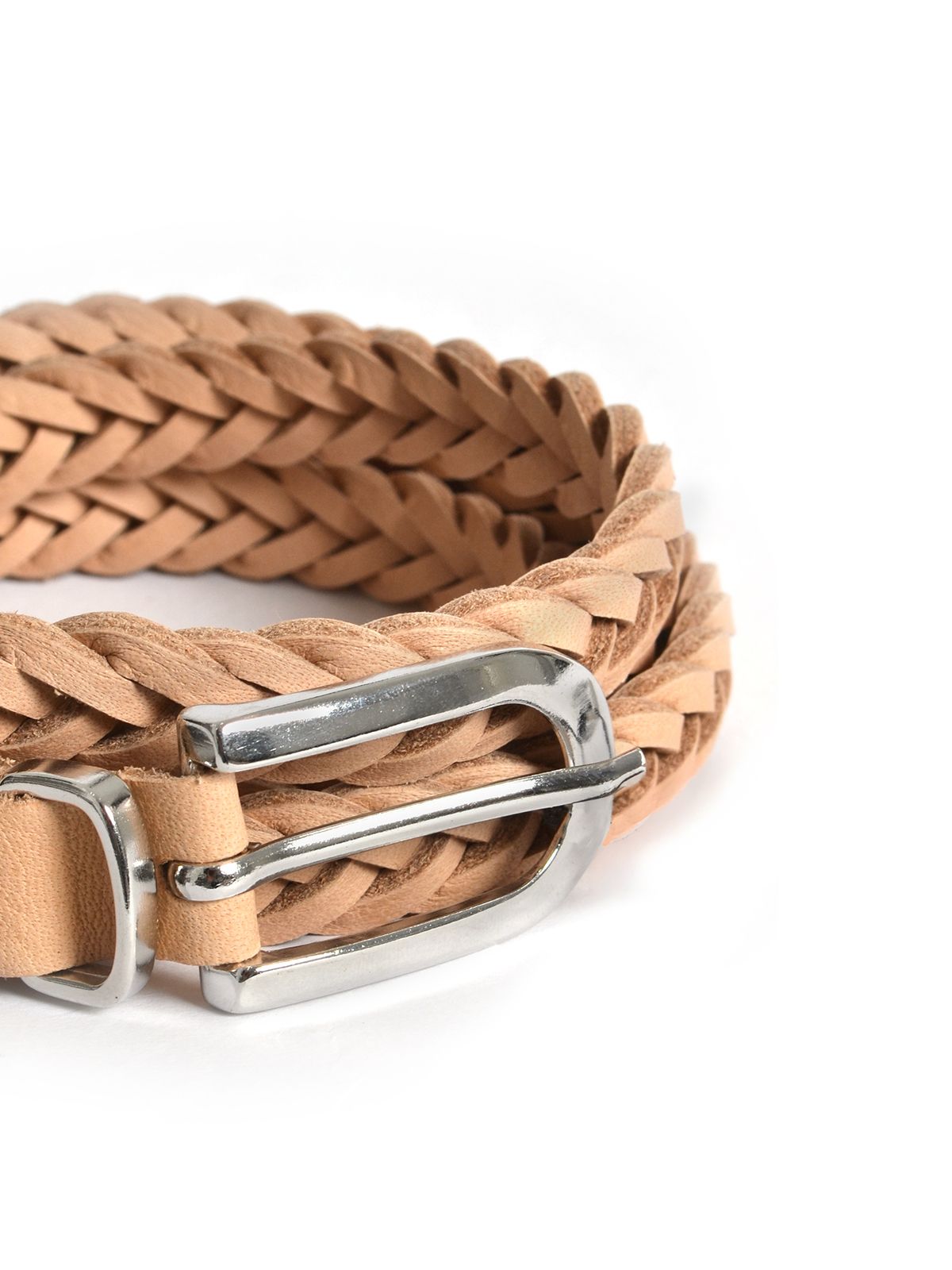 Braided leather belt with metal buckle