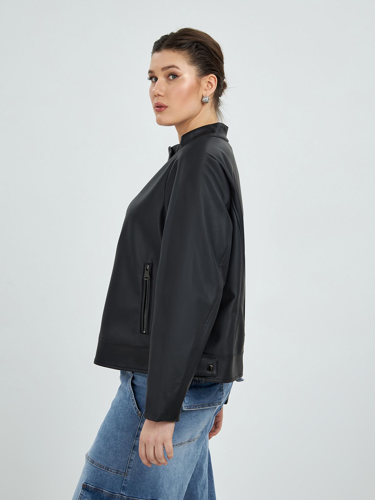 Button-neck faux leather jacket