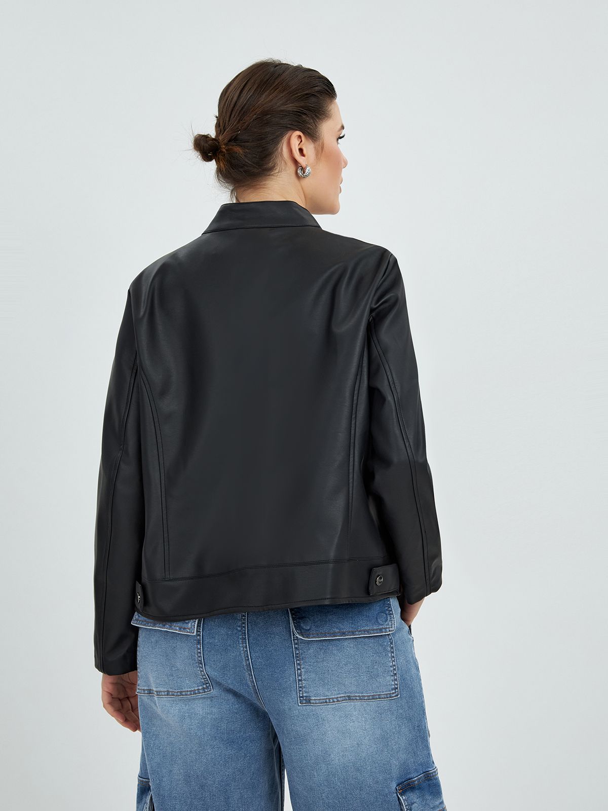 Button-neck faux leather jacket