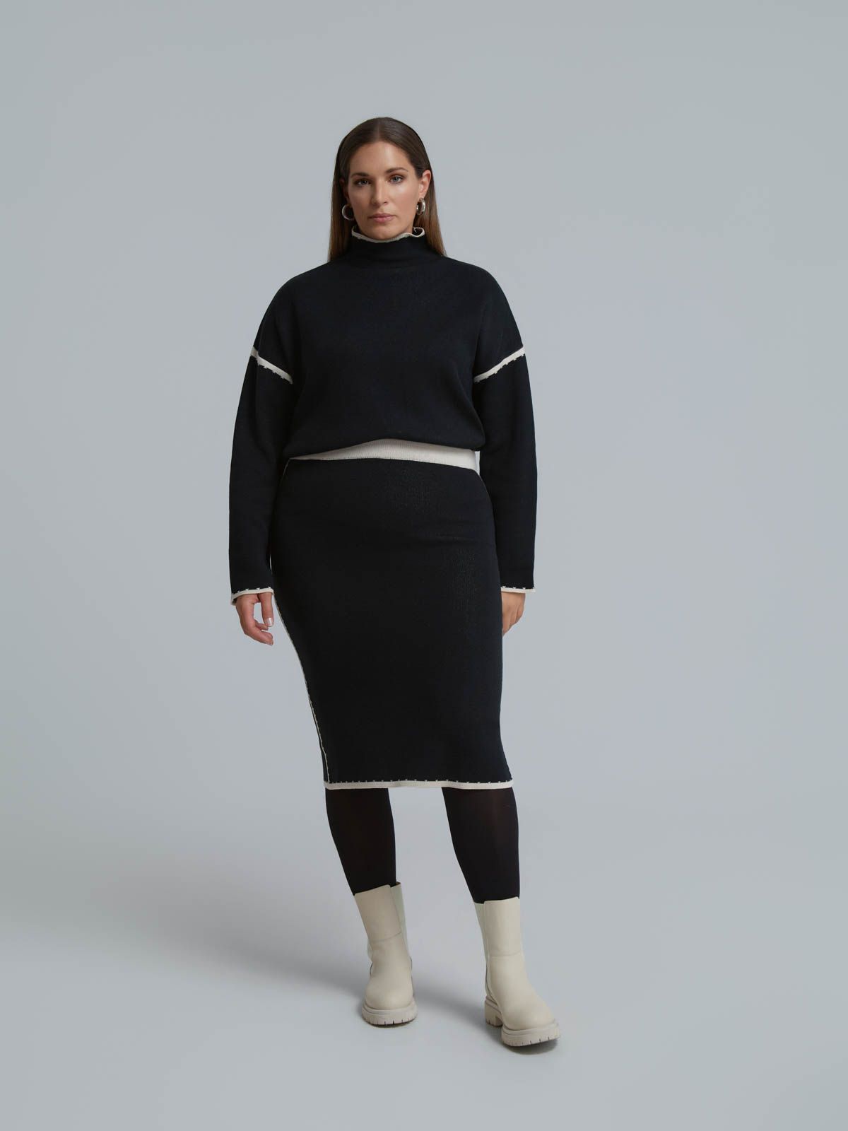 Contrast-trim knit midi skirt