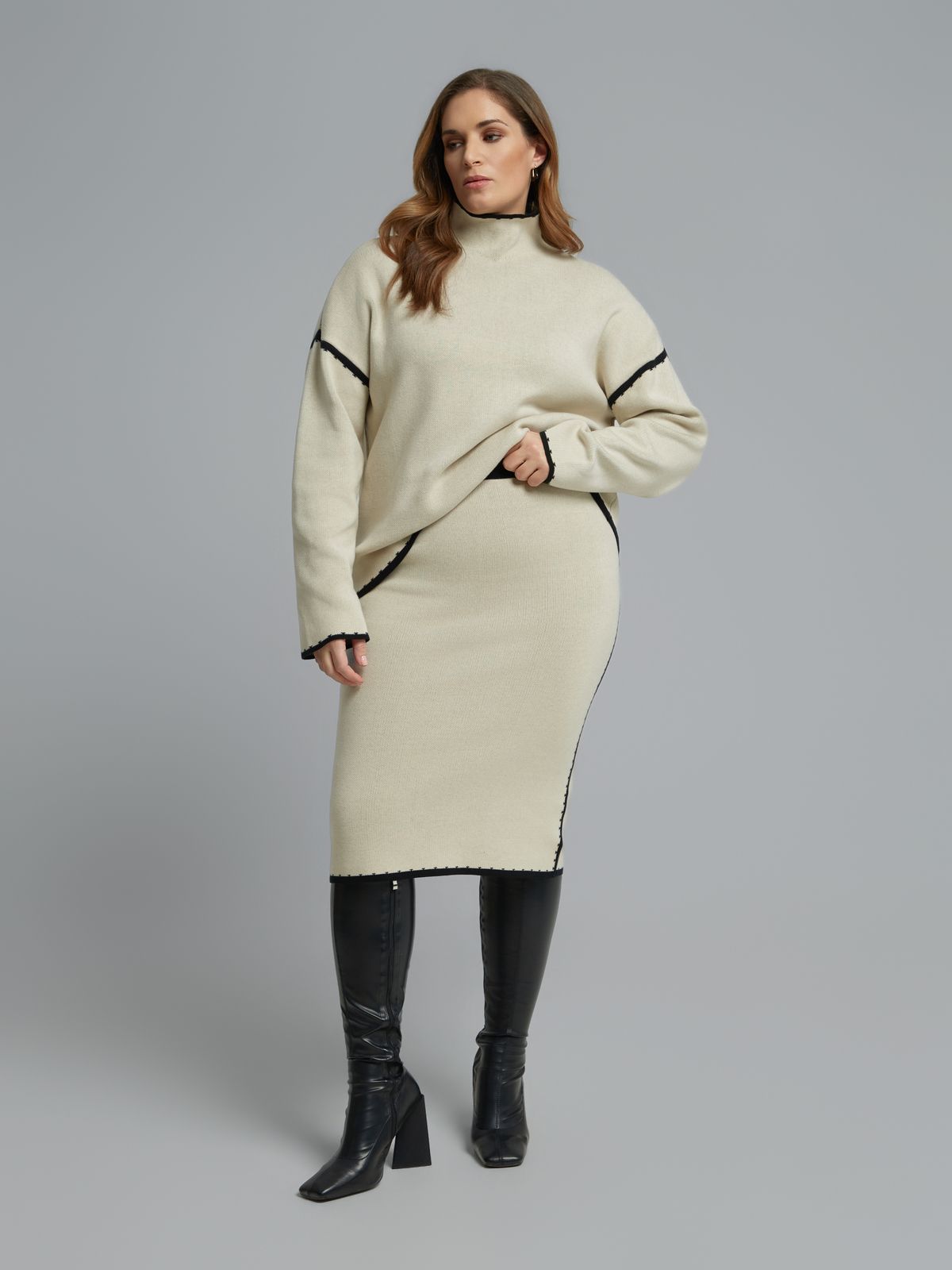 Contrast-trim knit midi skirt
