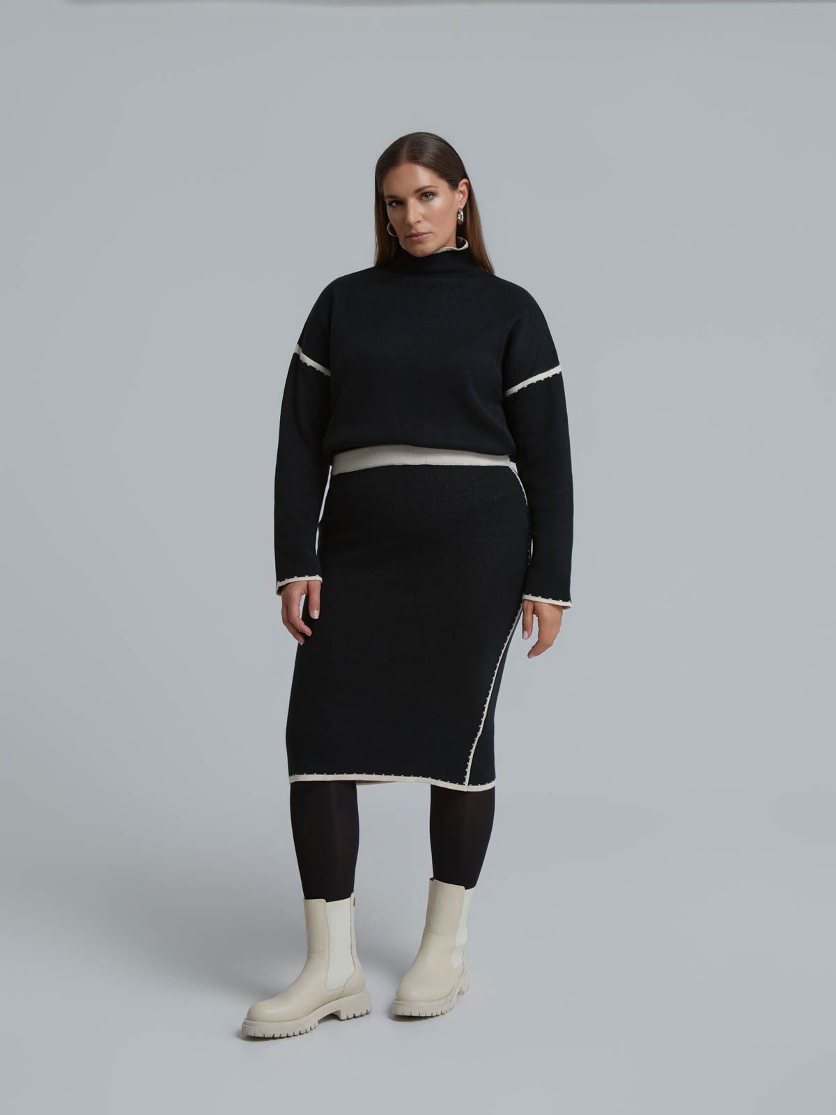 Contrast-trim knit midi skirt