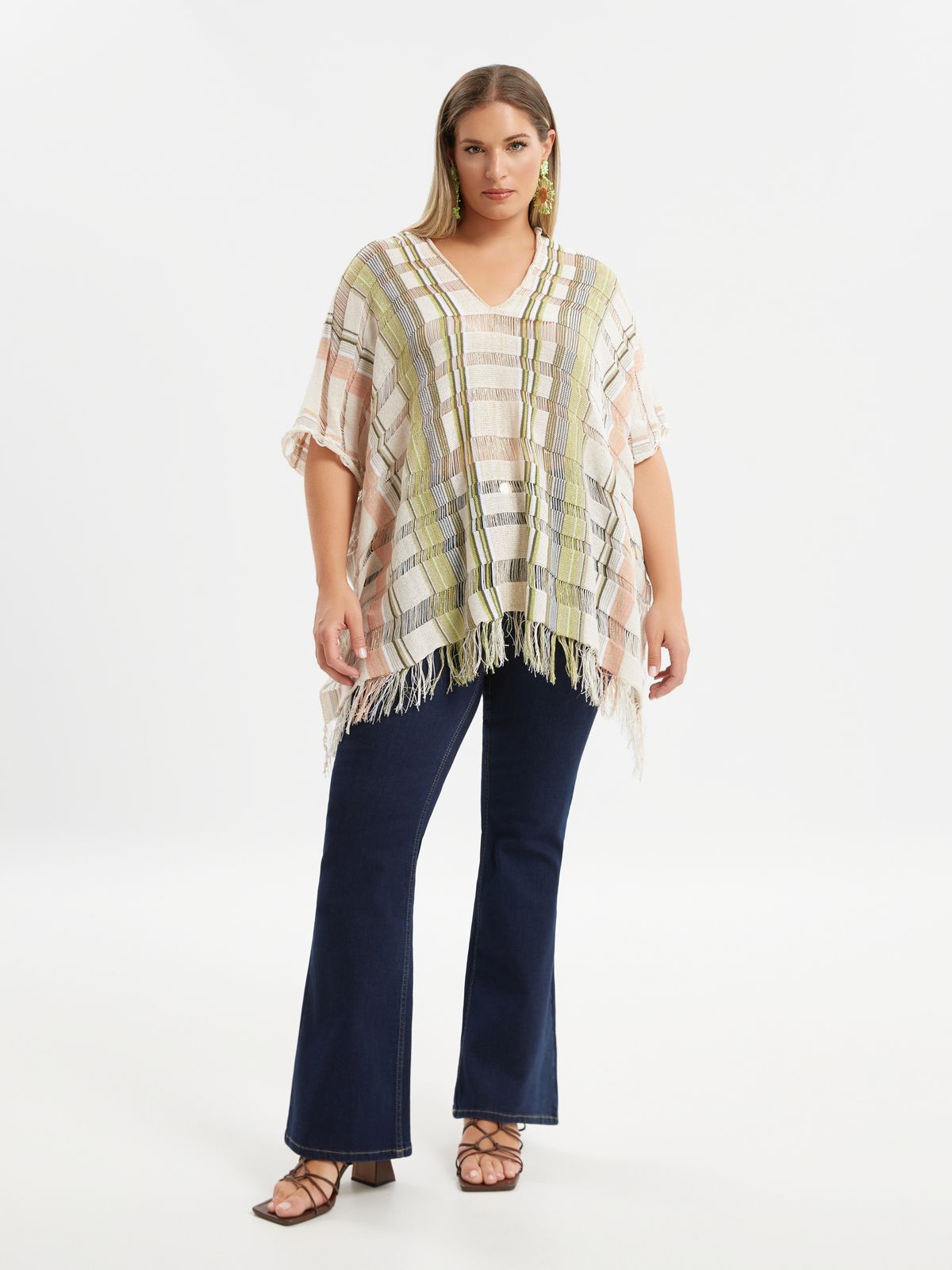 Cotton-blend fringe-trimmed poncho