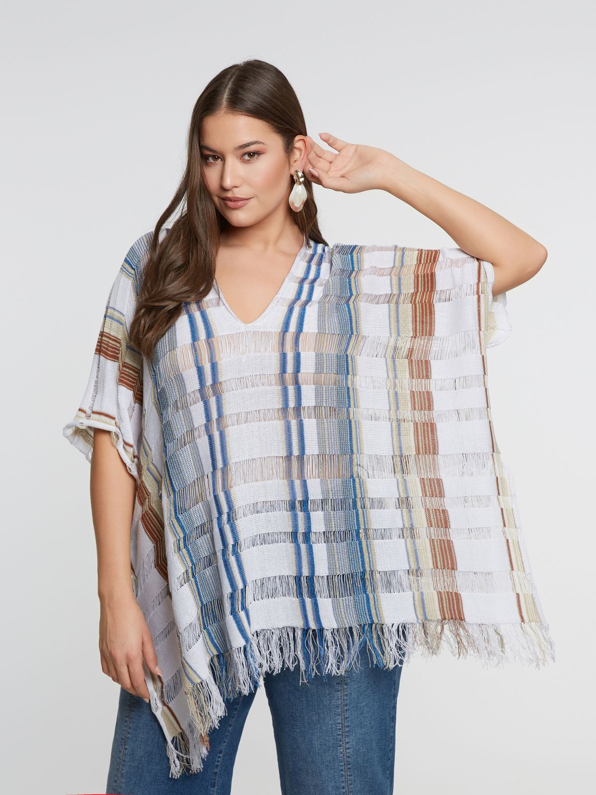 Cotton-blend fringe-trimmed poncho