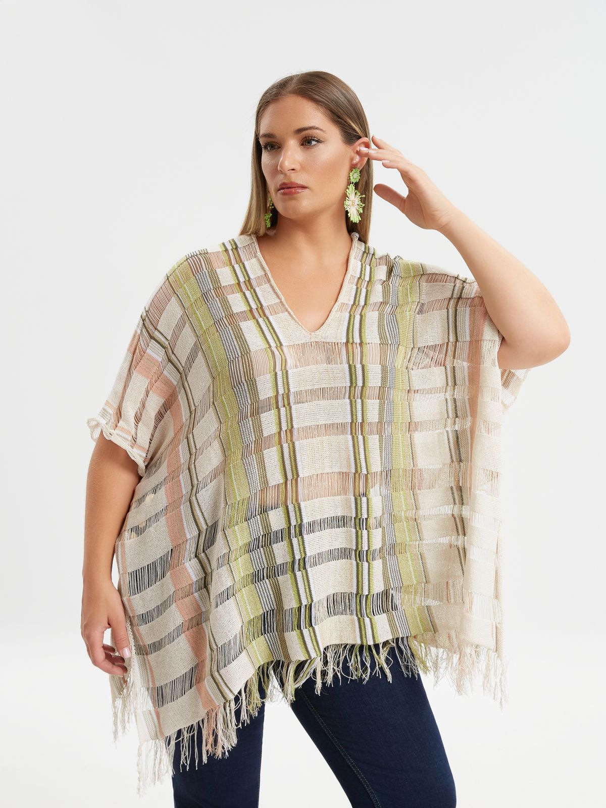 Cotton-blend fringe-trimmed poncho