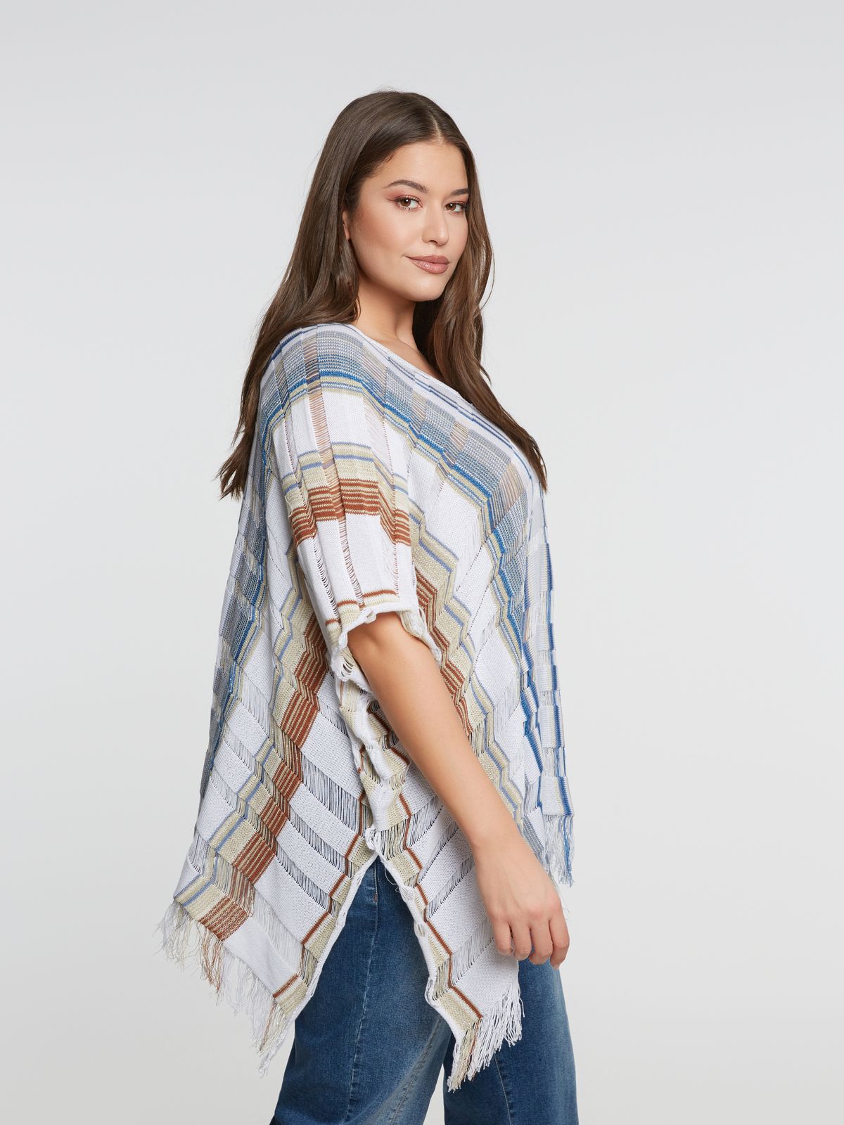 Cotton-blend fringe-trimmed poncho
