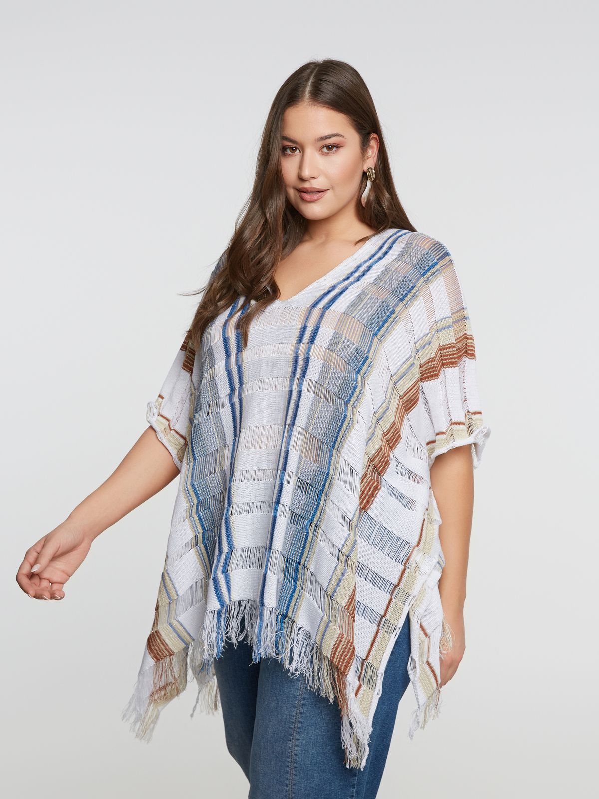 Cotton-blend fringe-trimmed poncho