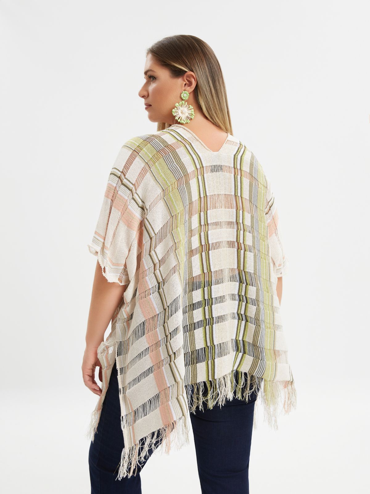 Cotton-blend fringe-trimmed poncho