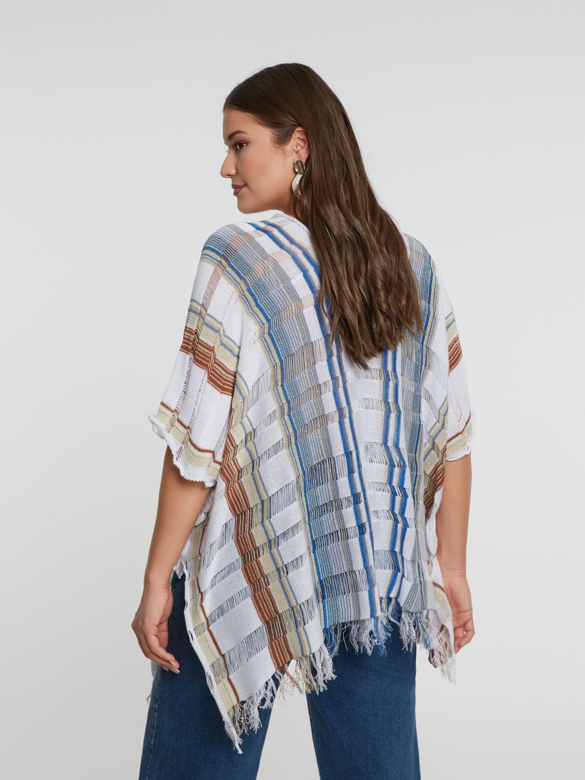 Cotton-blend fringe-trimmed poncho