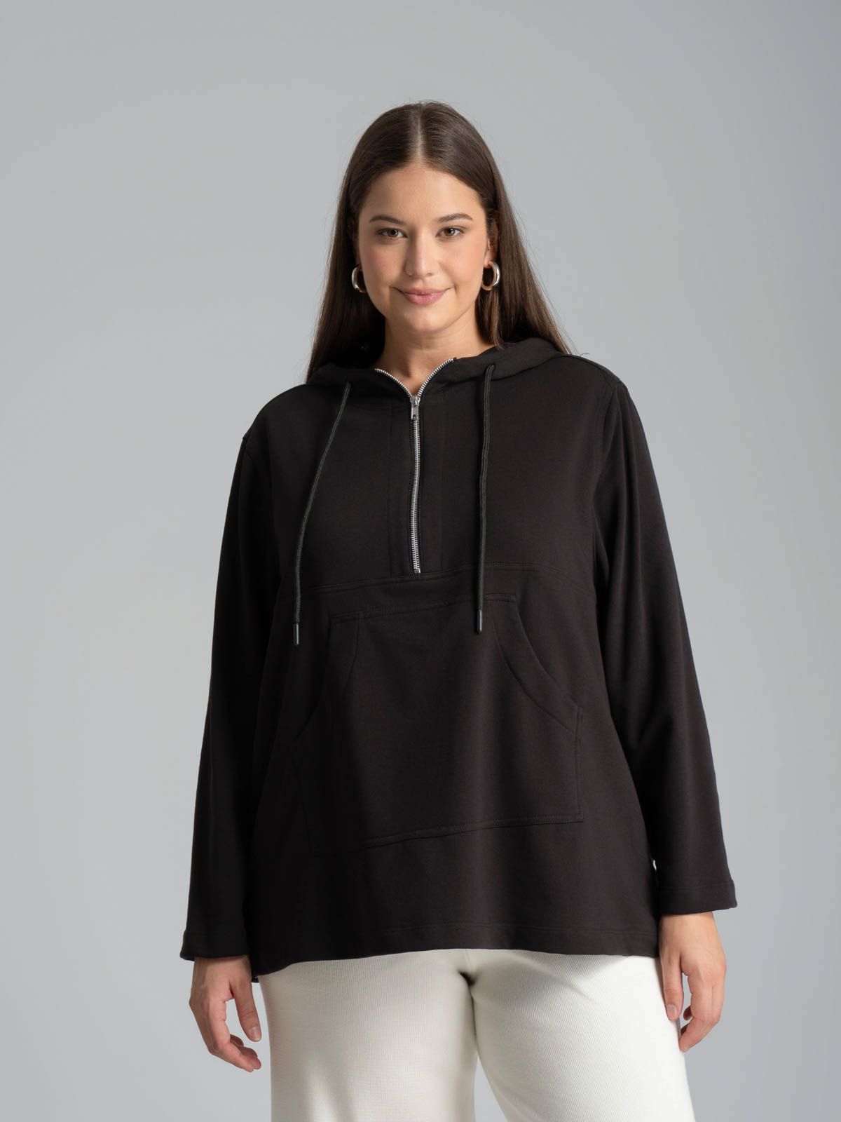 Cotton-blend half-zip hoodie with kangaroo pocket