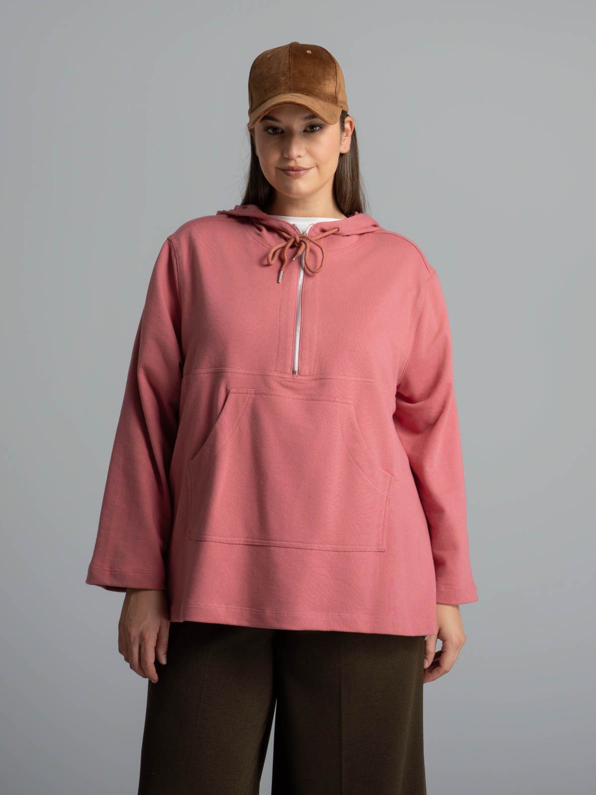 Cotton-blend half-zip hoodie with kangaroo pocket