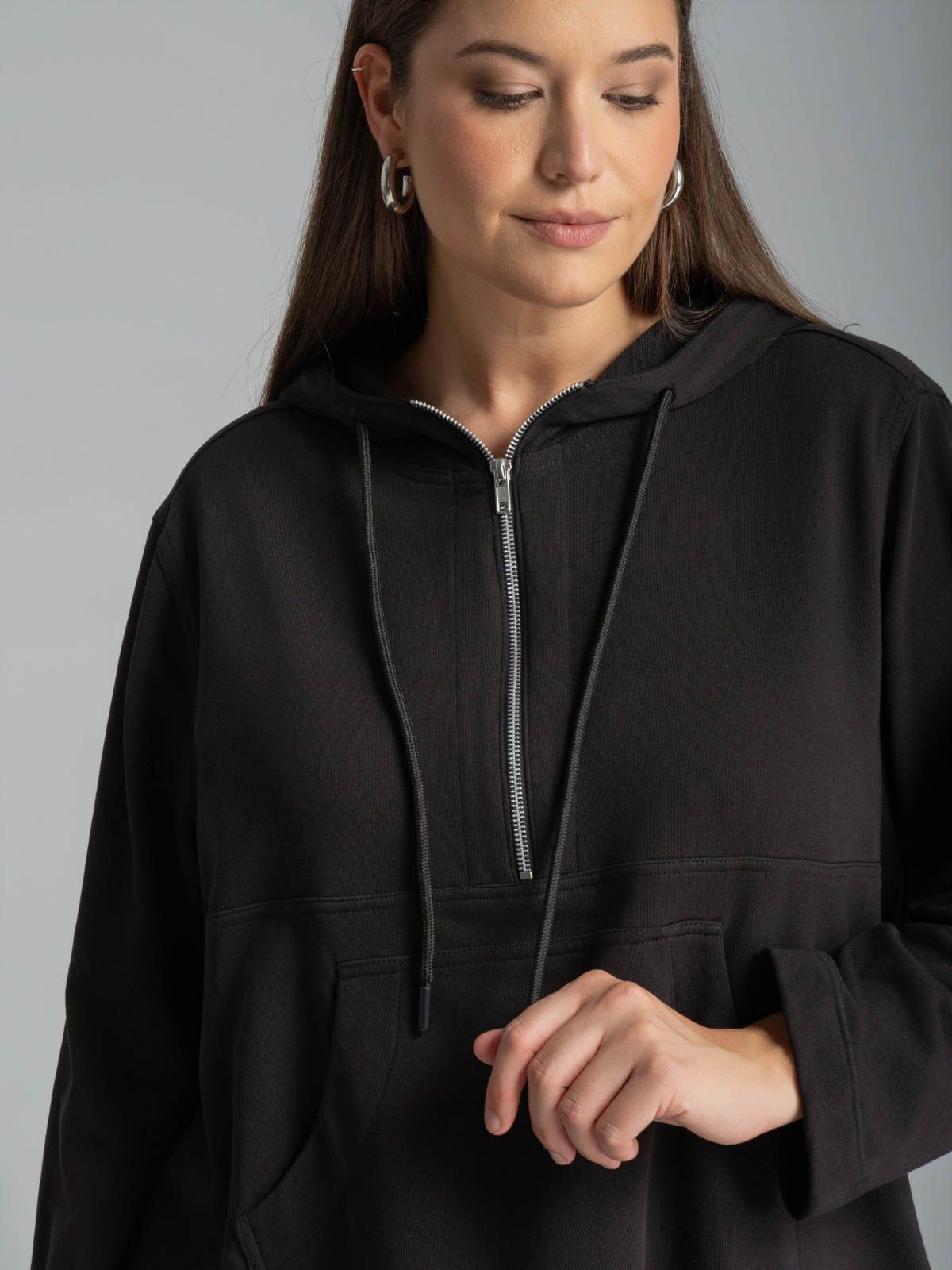Cotton-blend half-zip hoodie with kangaroo pocket