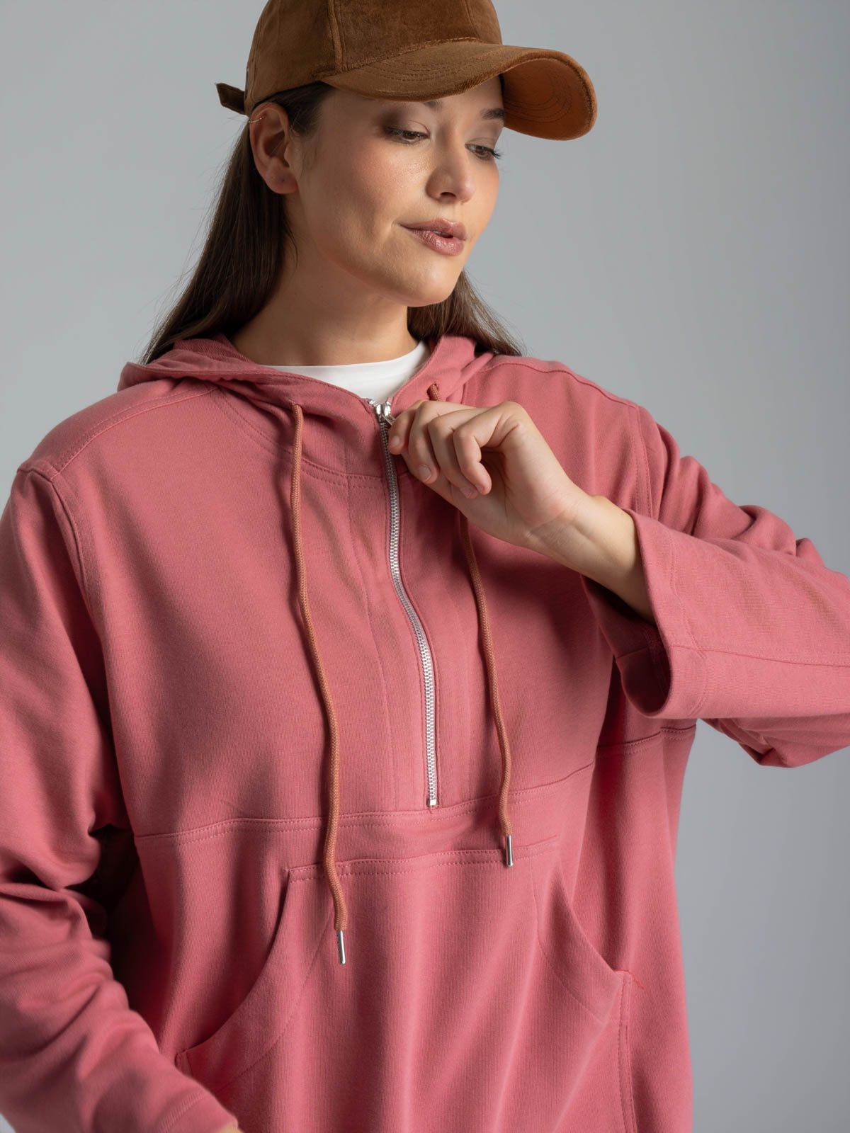 Cotton-blend half-zip hoodie with kangaroo pocket