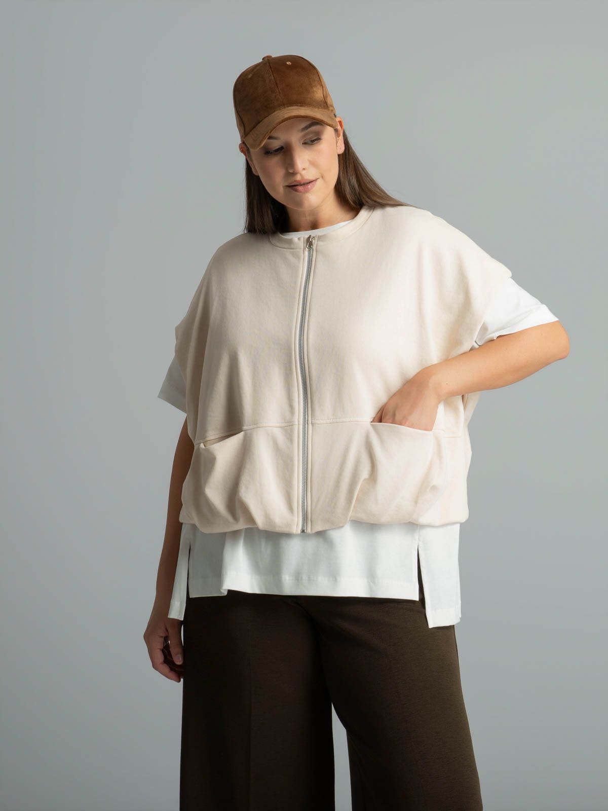 Cotton-blend sleeveless zip sweat jacket
