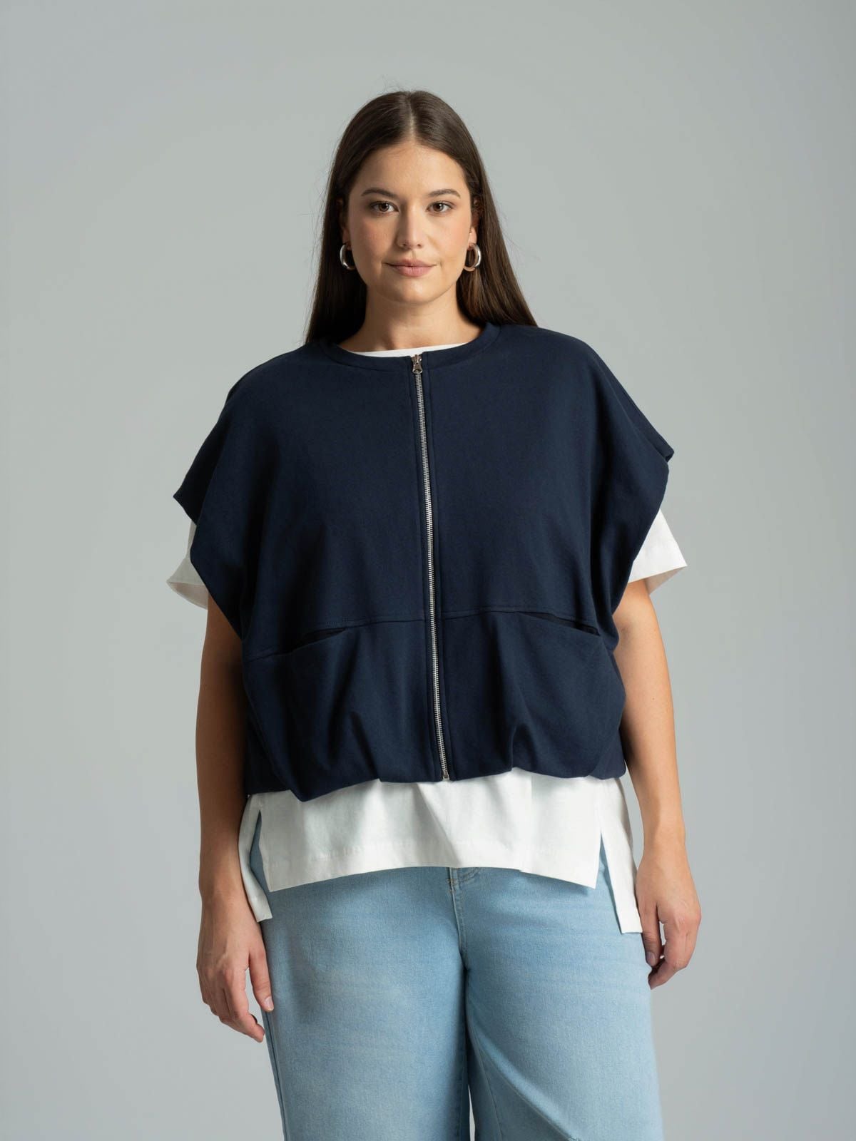 Cotton-blend sleeveless zip sweat jacket