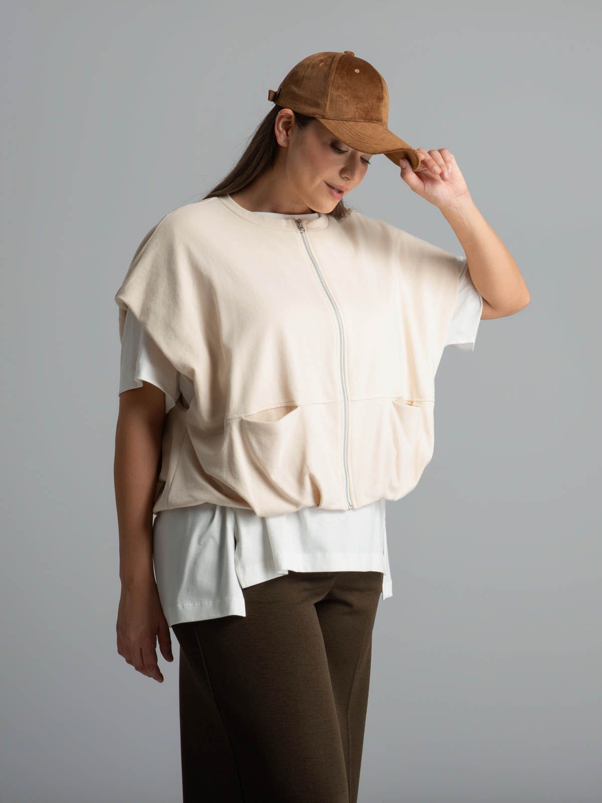 Cotton-blend sleeveless zip sweat jacket
