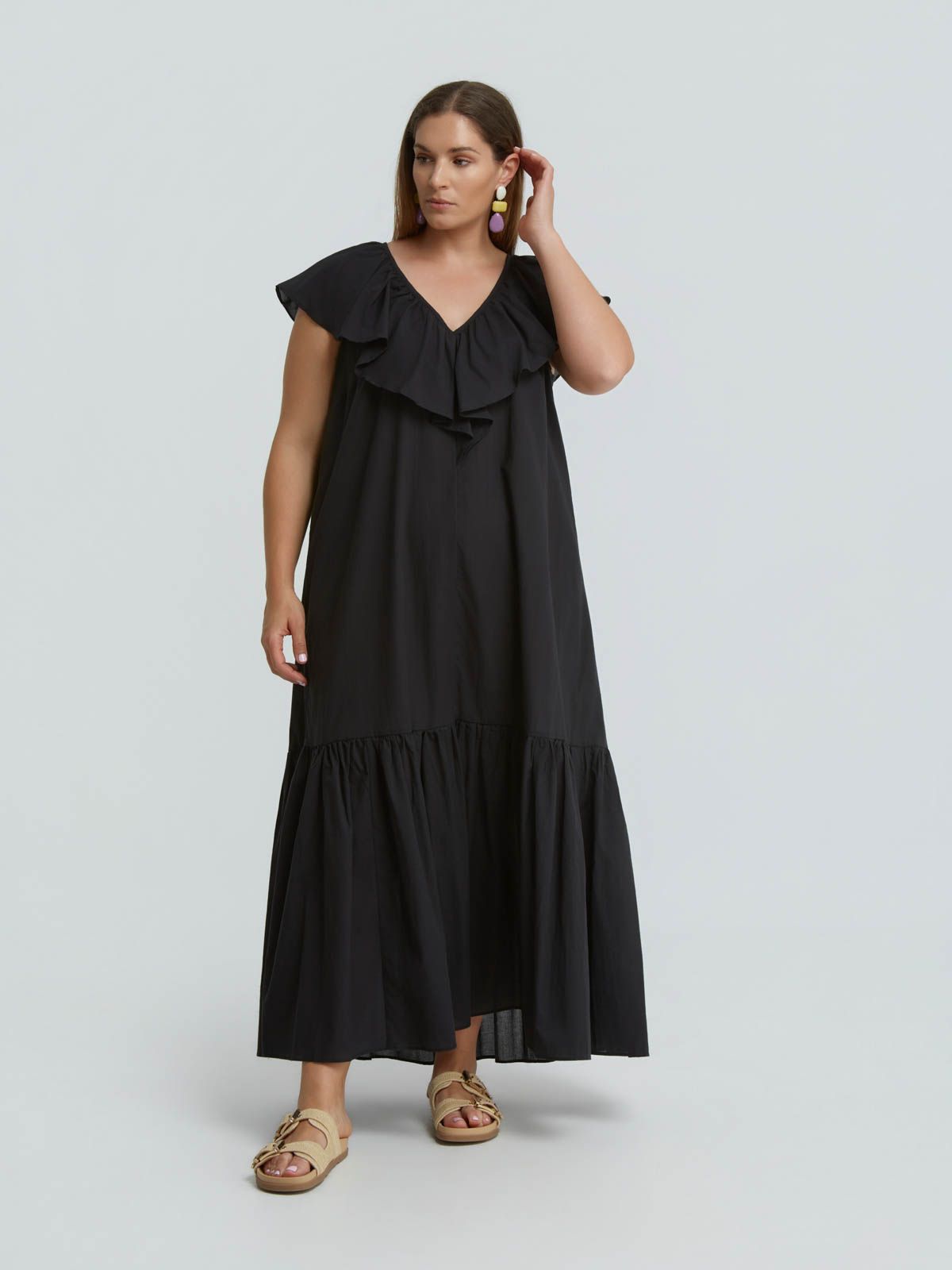 Cotton midi dress with ruffle neckline
