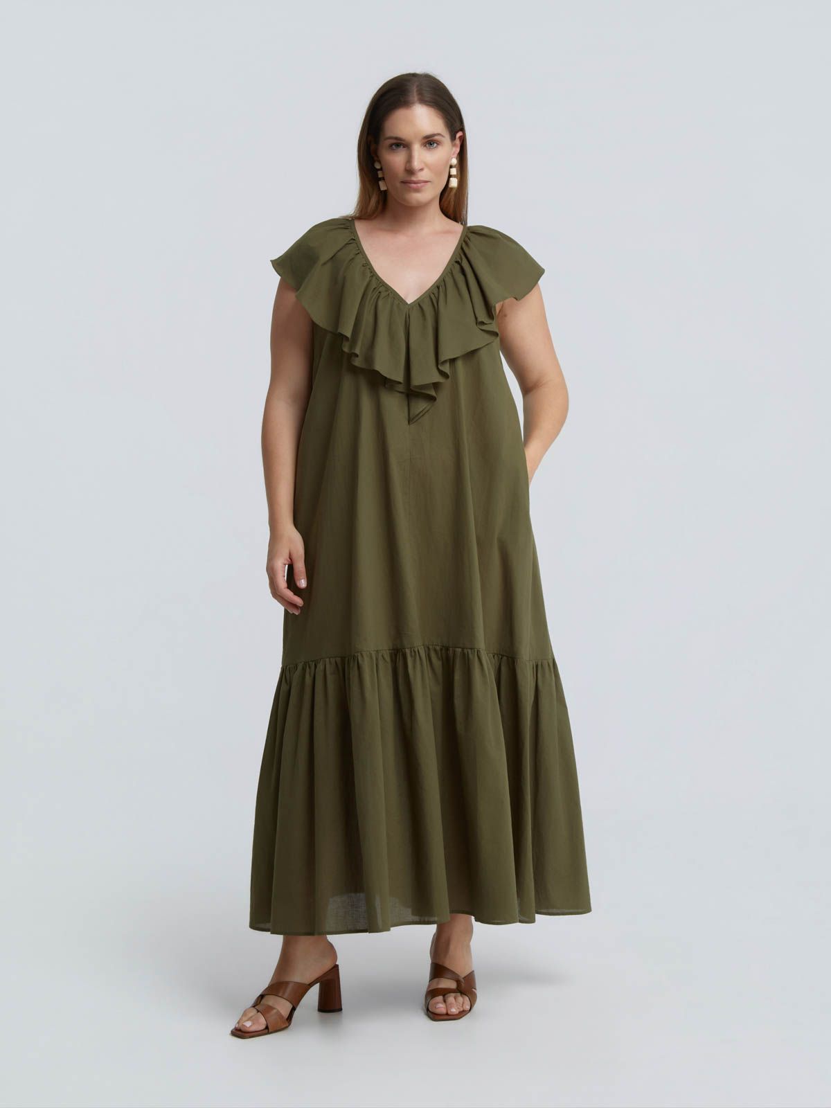 Cotton midi dress with ruffle neckline