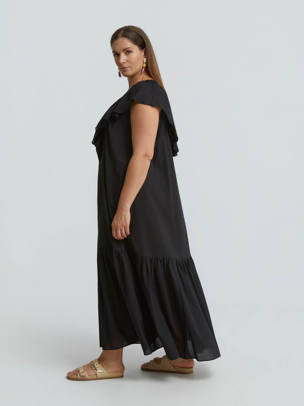 Cotton midi dress with ruffle neckline