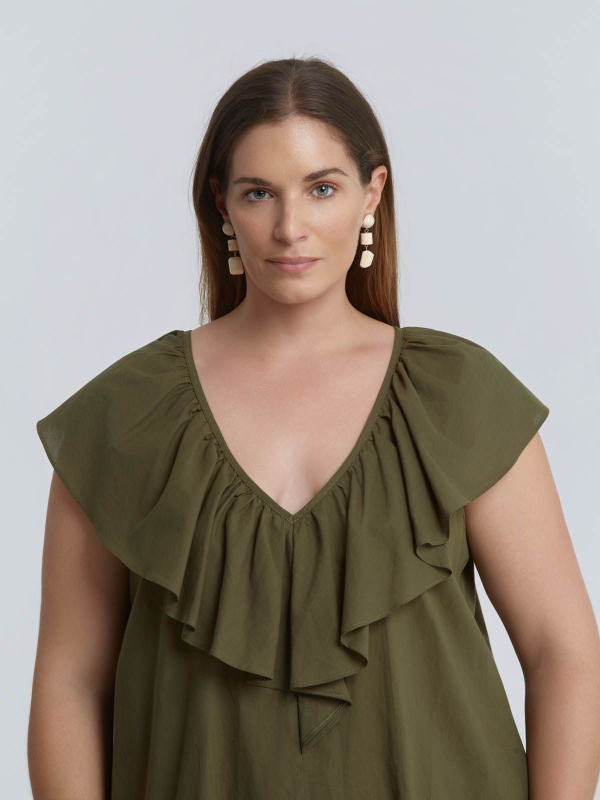 Cotton midi dress with ruffle neckline
