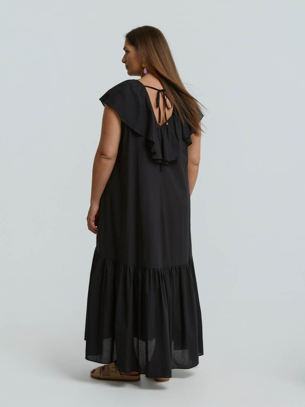 Cotton midi dress with ruffle neckline