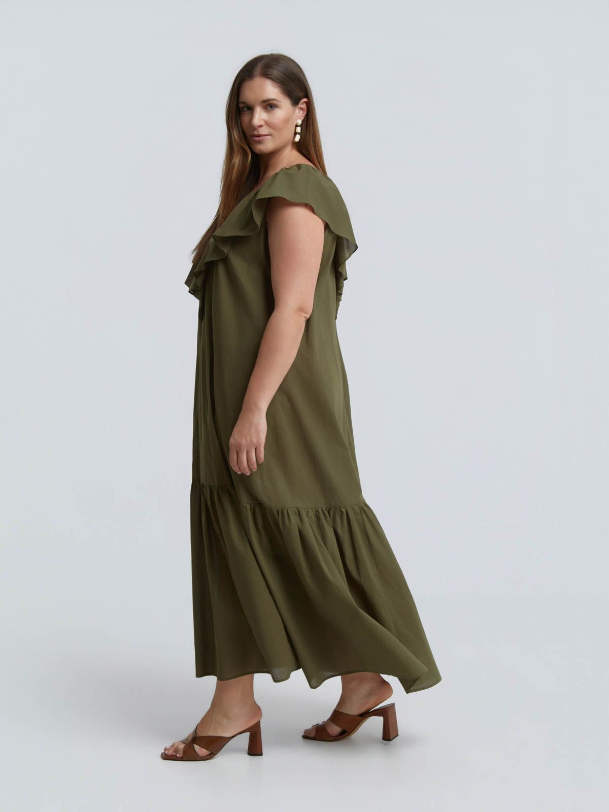 Cotton midi dress with ruffle neckline
