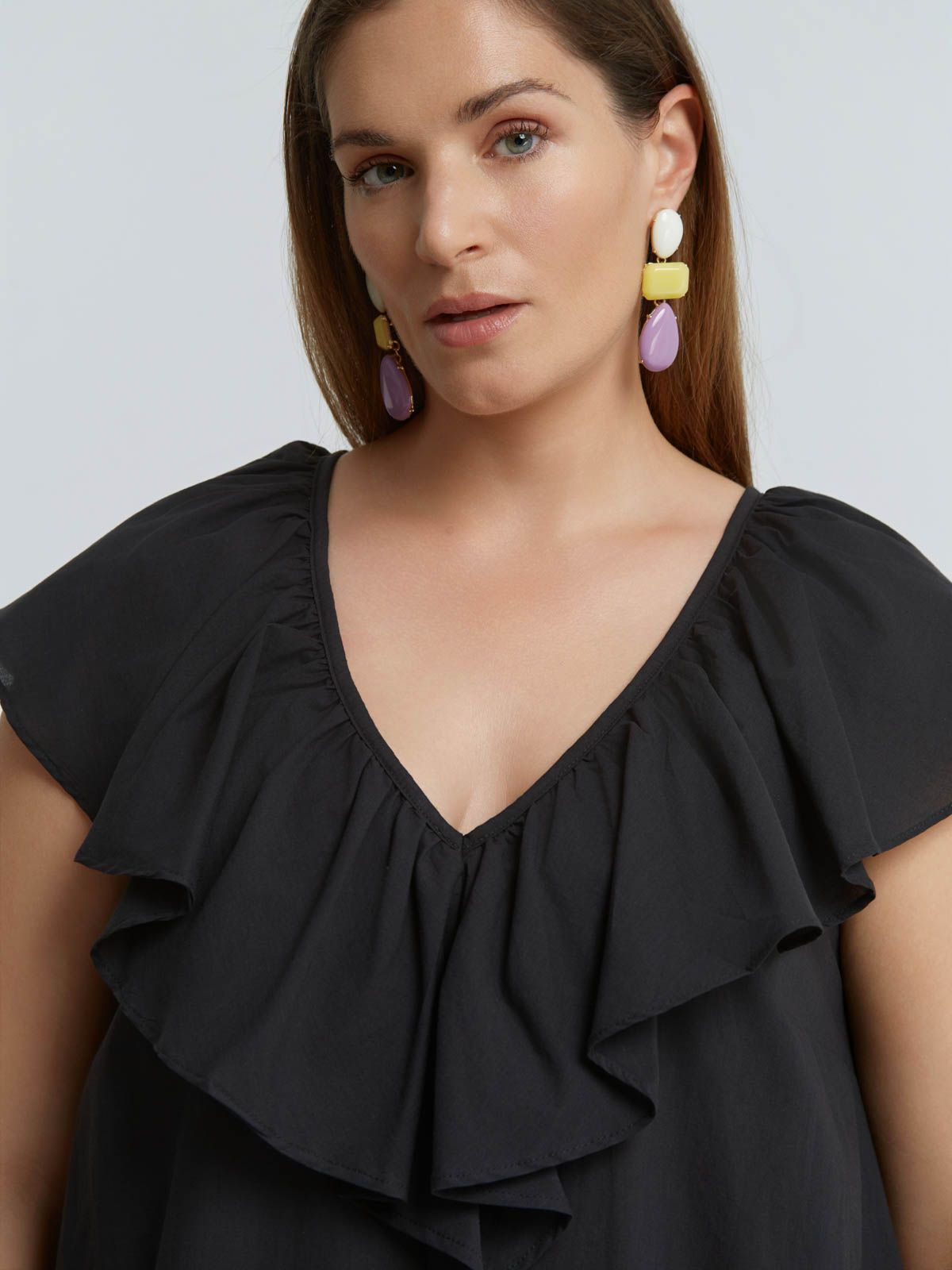 Cotton midi dress with ruffle neckline