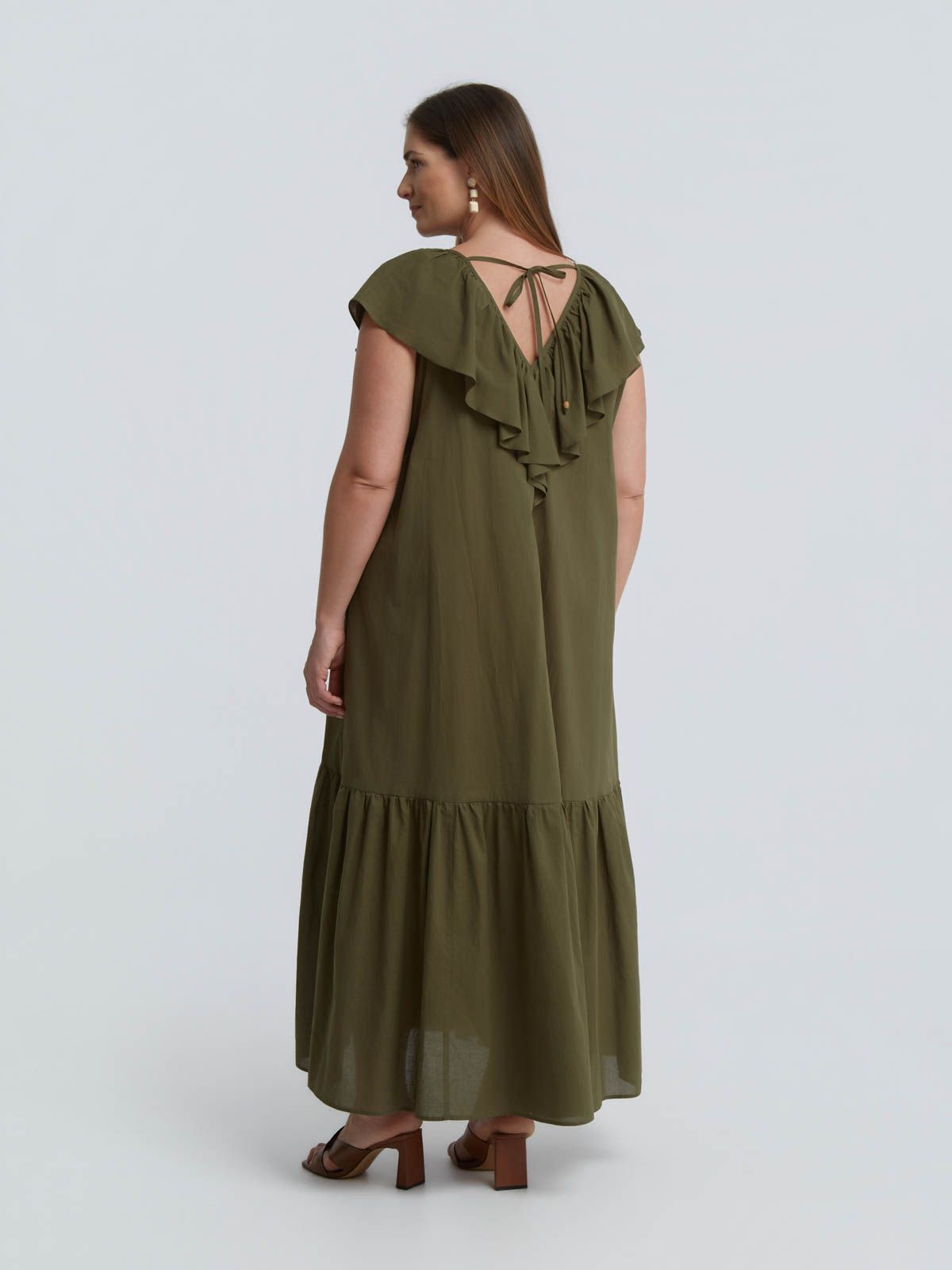 Cotton midi dress with ruffle neckline