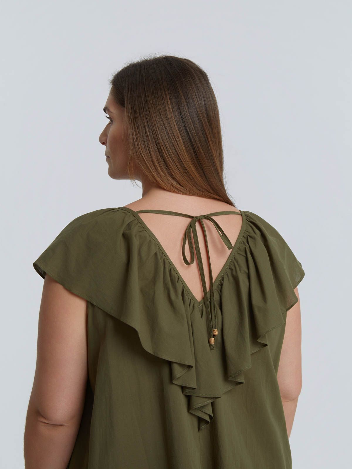 Cotton midi dress with ruffle neckline