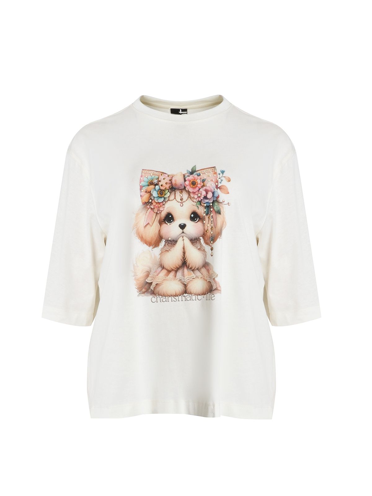 Cotton t-shirt with puppy print and bow detail