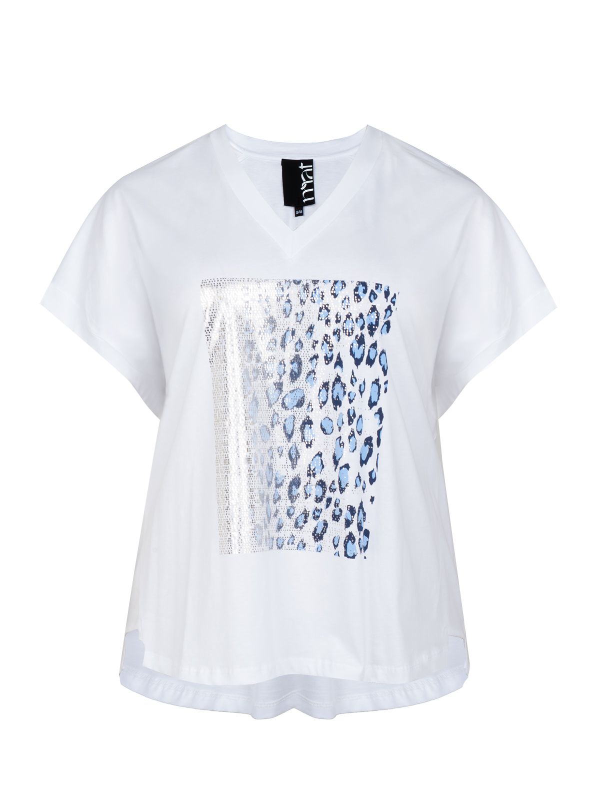 Mat Fashion Βαμβακερό T-shirt V με λεοπάρ μεταλλικό print & strass Λευκο