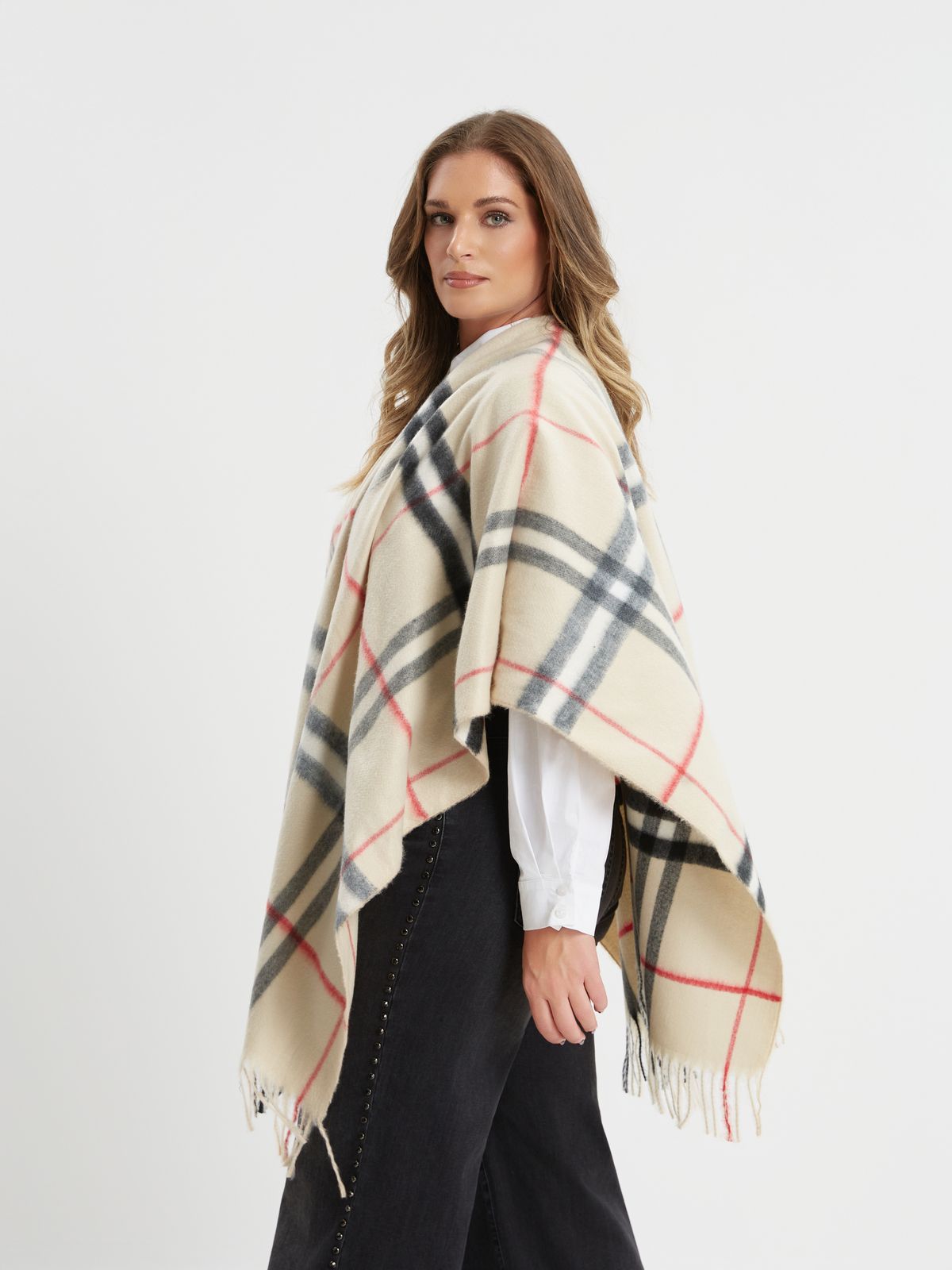 Cream plaid fringe cape