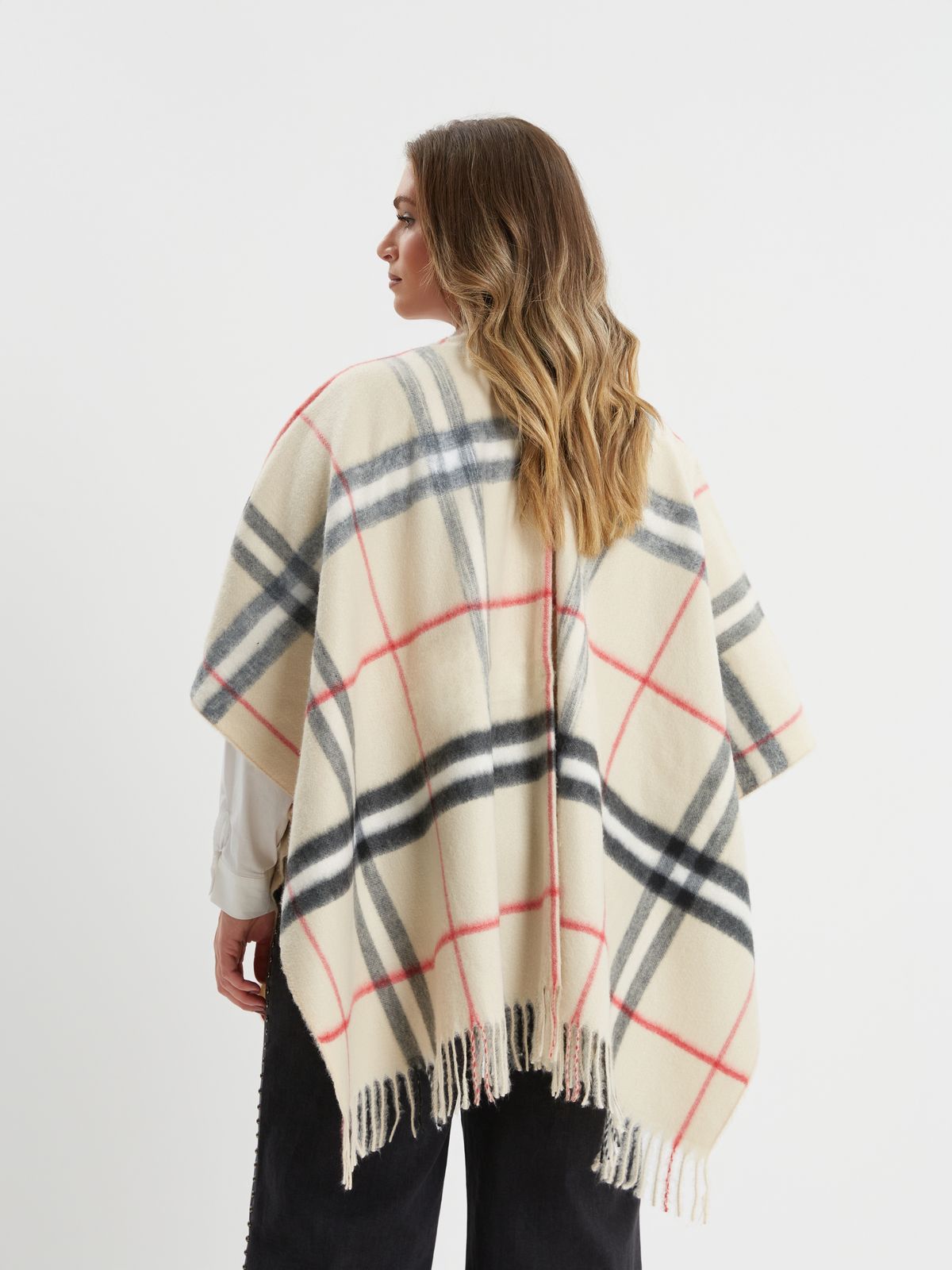 Cream plaid fringe cape