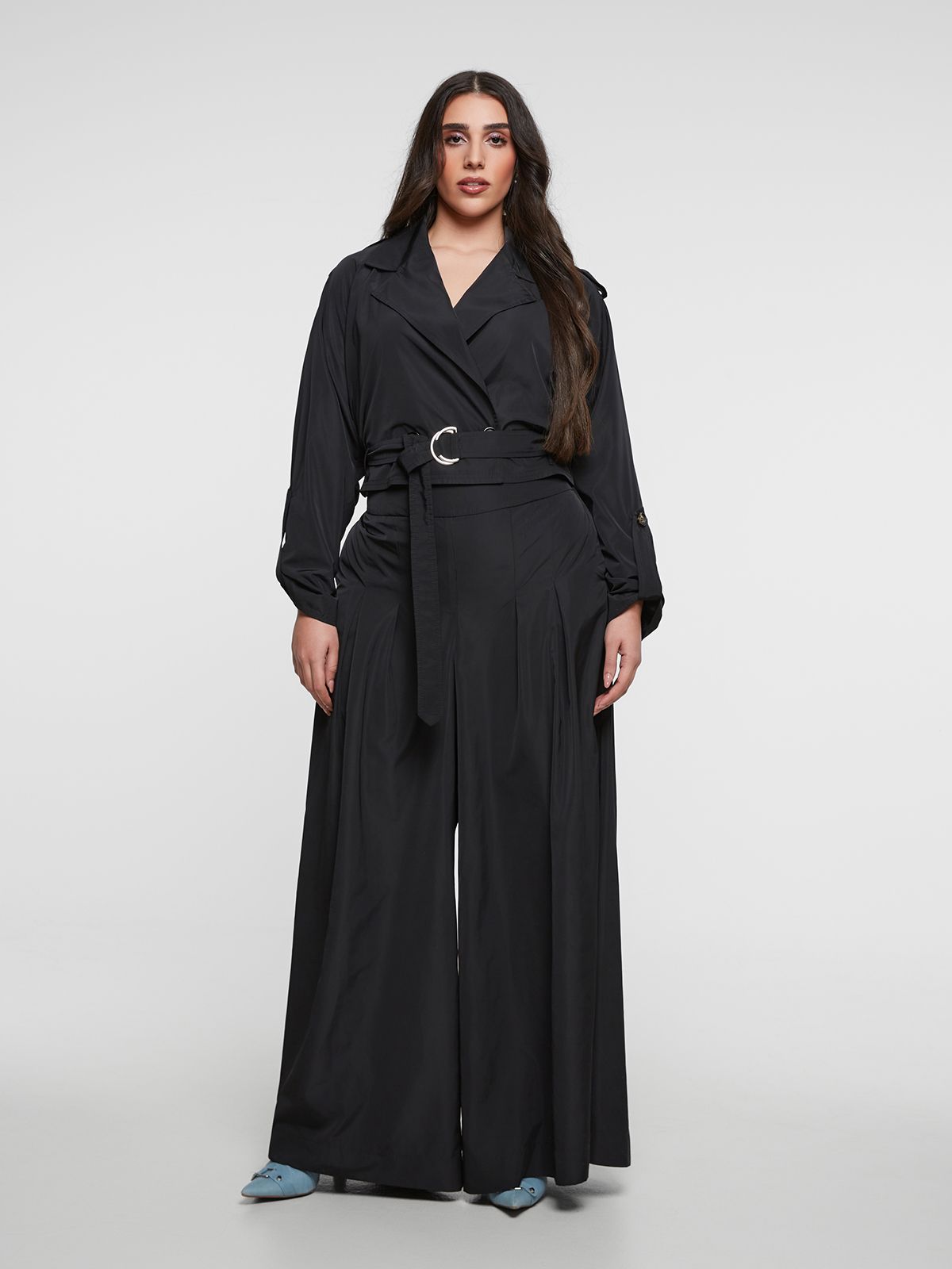 Cropped taffeta trench μαύρο jacket με ζώνη