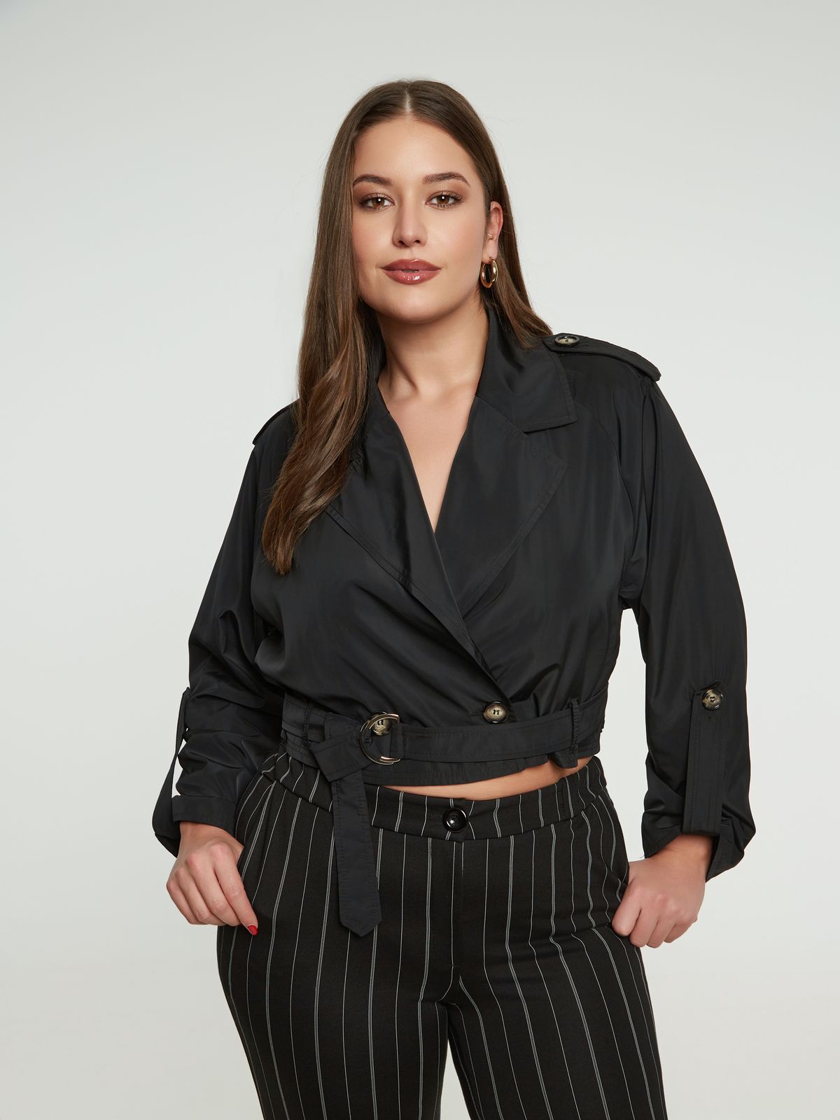 Cropped taffeta trench μαύρο jacket με ζώνη