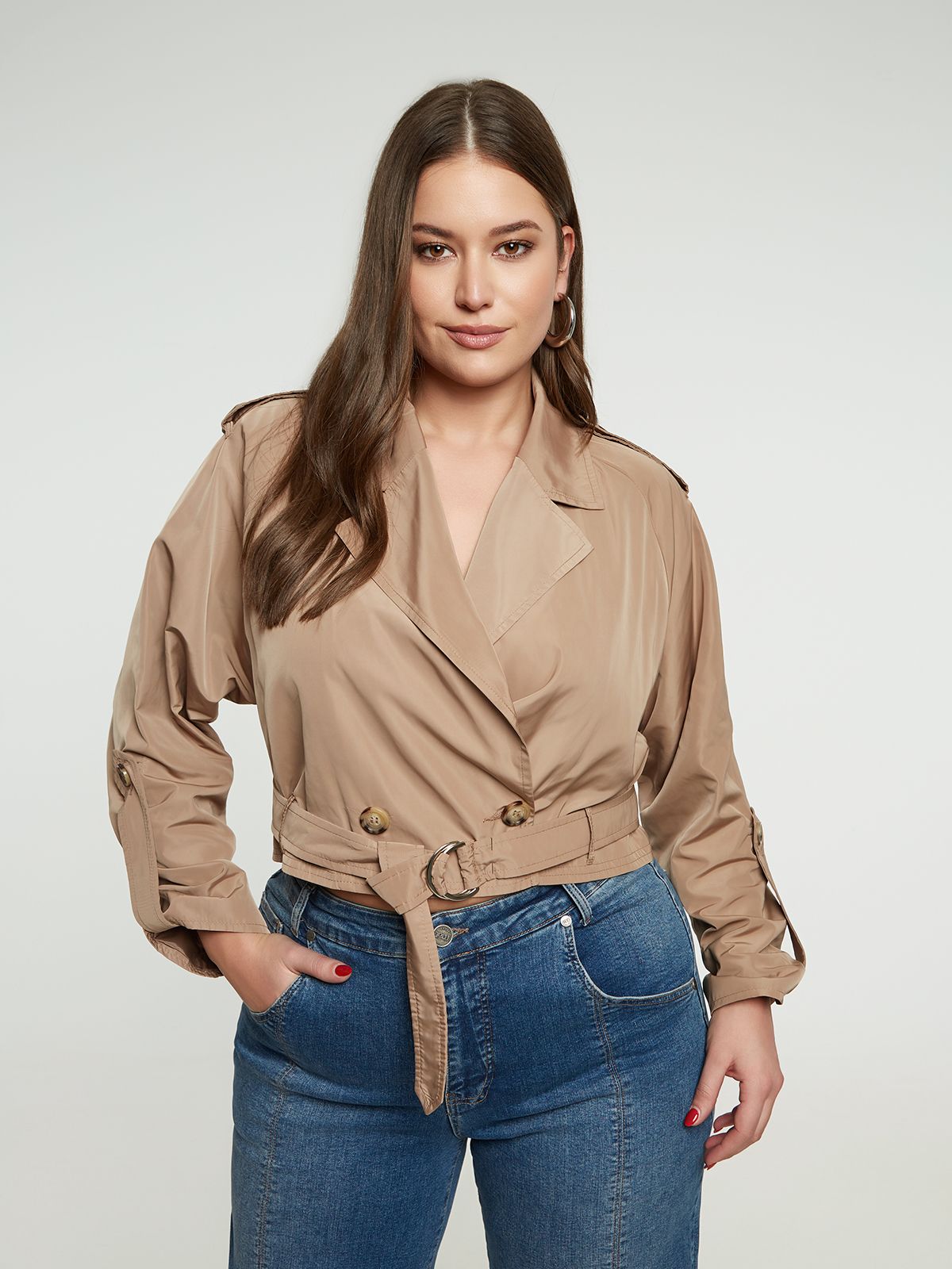Cropped taffeta trench jacket with belt