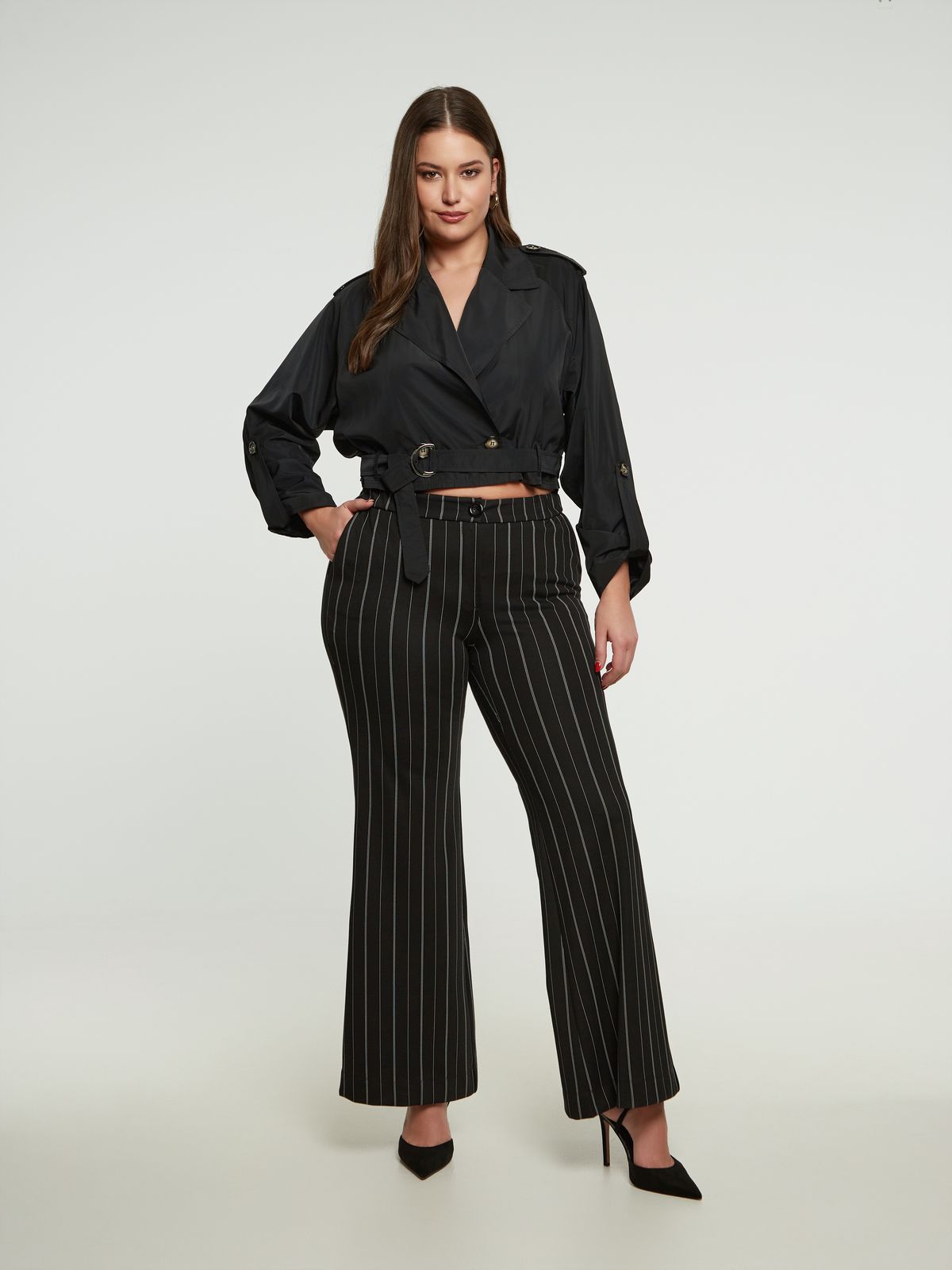 Cropped taffeta trench μαύρο jacket με ζώνη