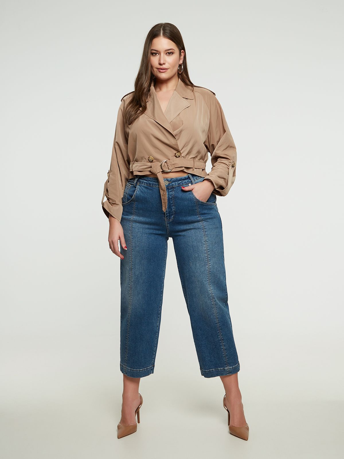 Cropped taffeta trench jacket with belt