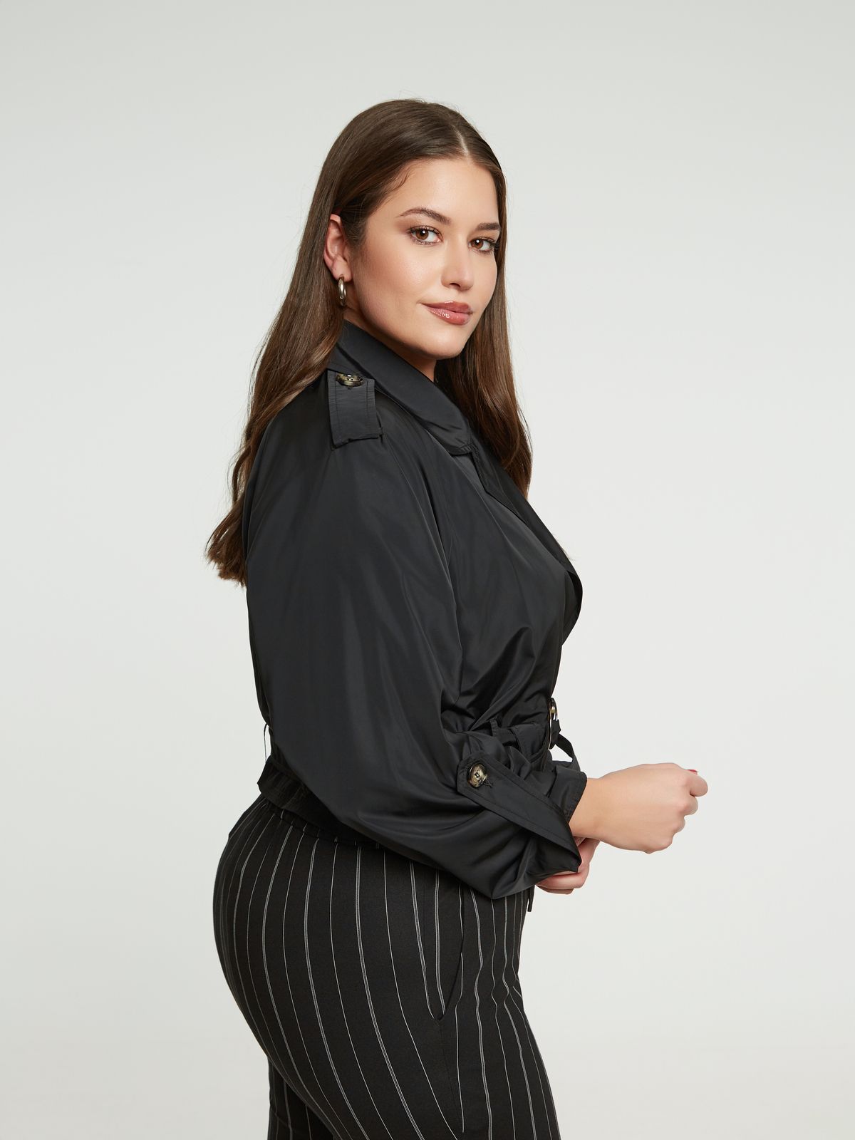 Cropped taffeta trench μαύρο jacket με ζώνη