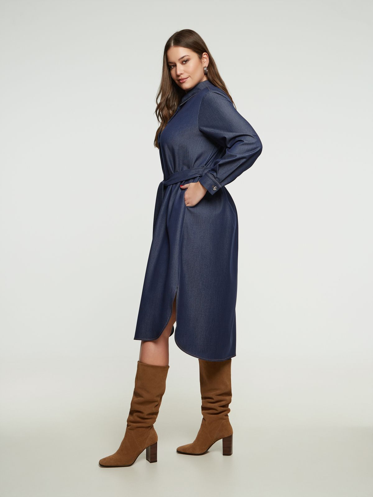 Denim shirt-dress with tie belt