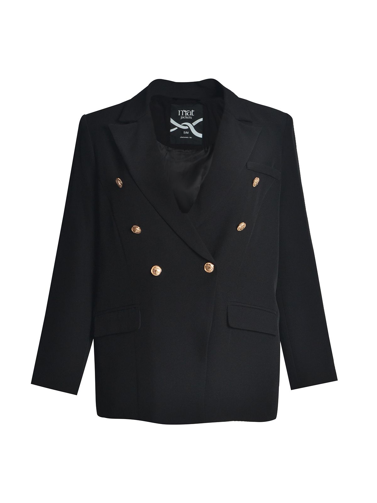 Double-breasted black blazer with gold buttons