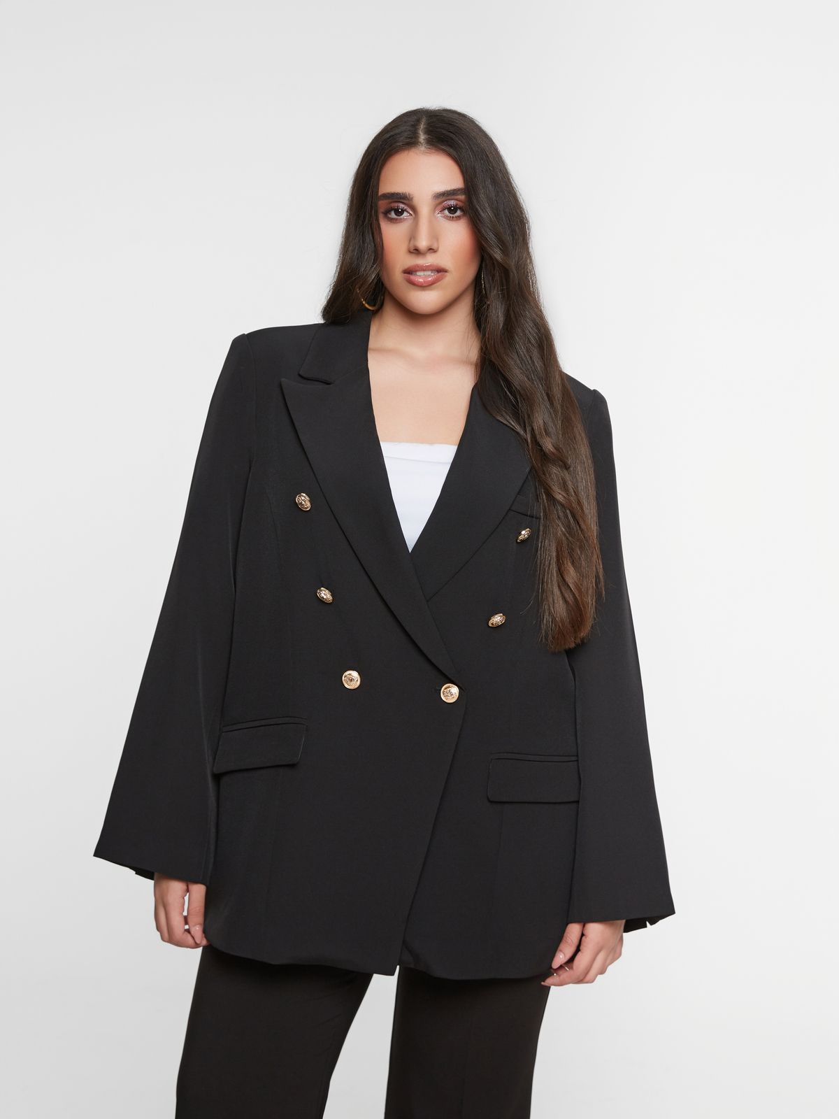 Double-breasted black blazer with gold buttons