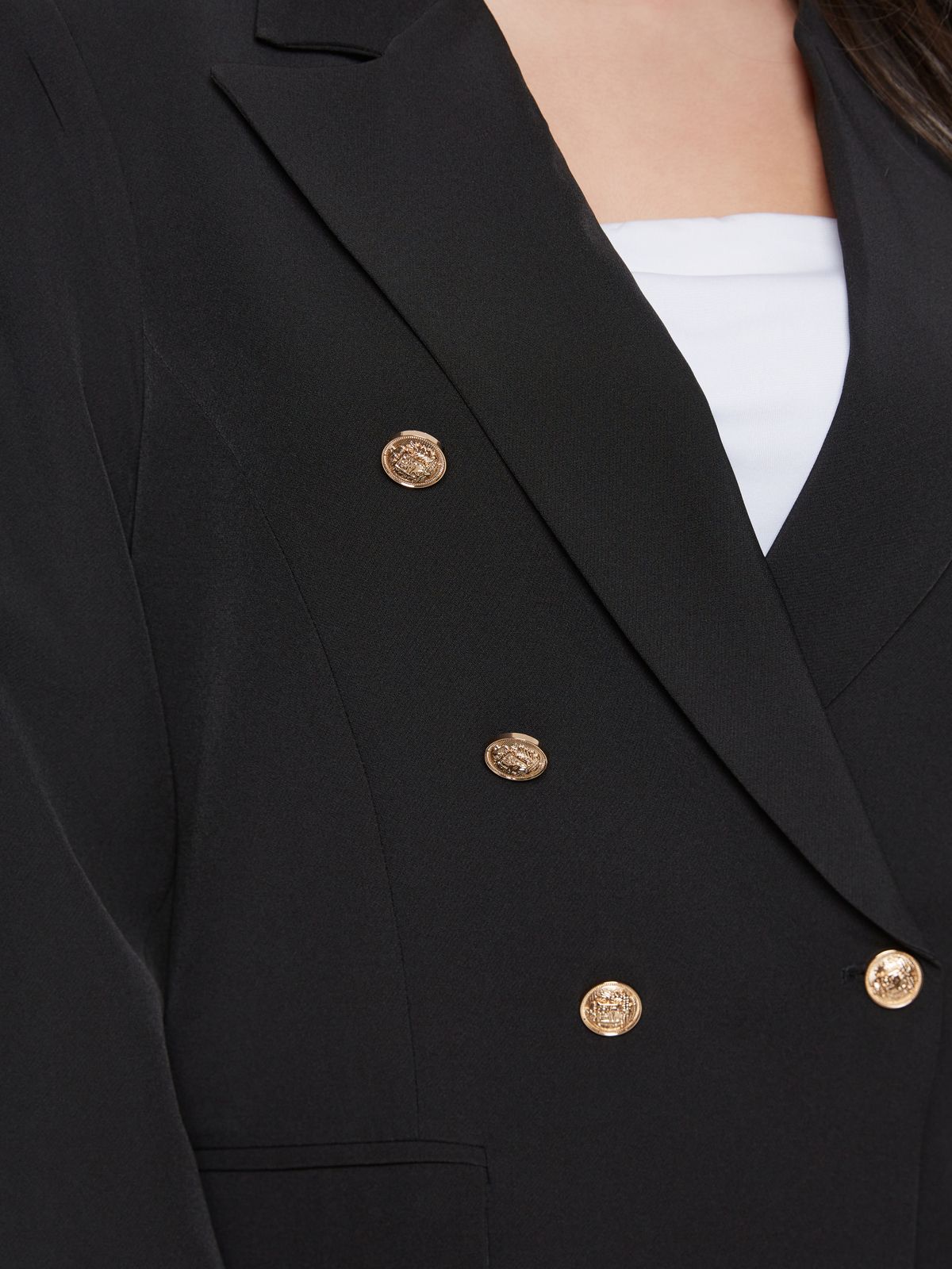Double-breasted black blazer with gold buttons