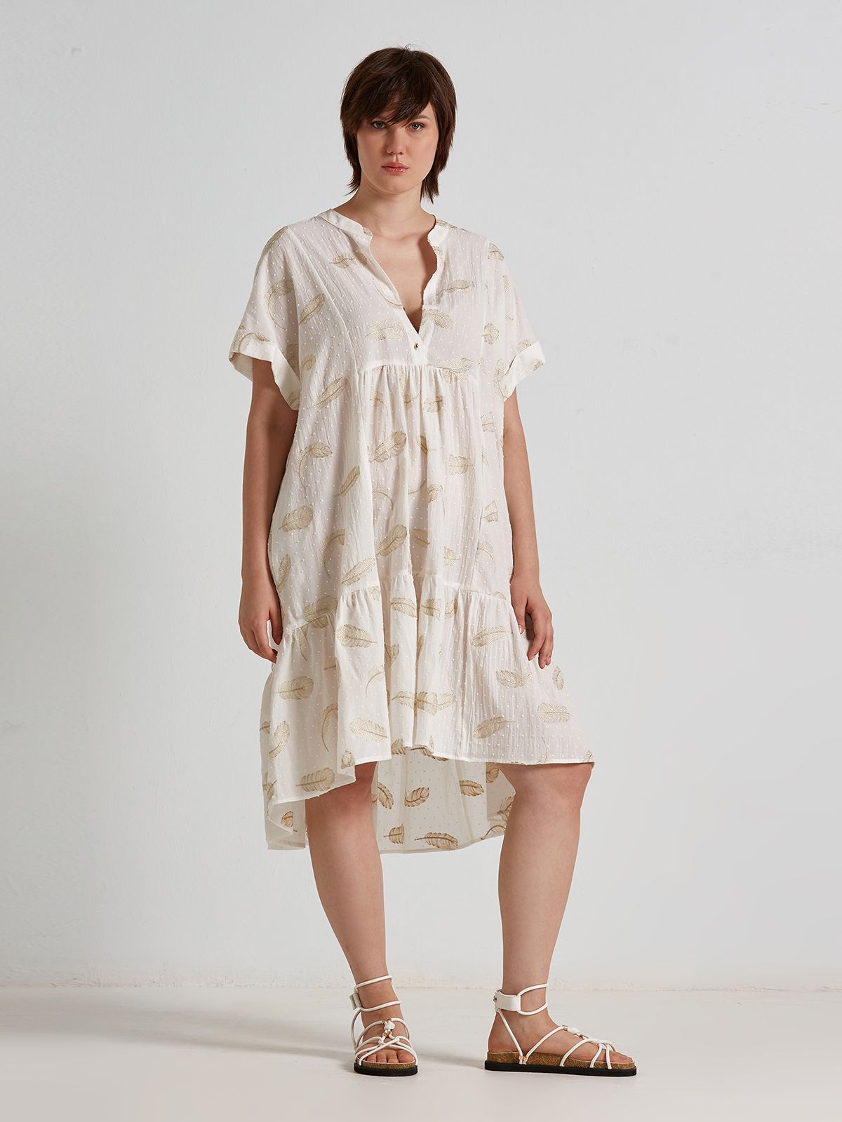 Feather embroidered cotton tiered dress